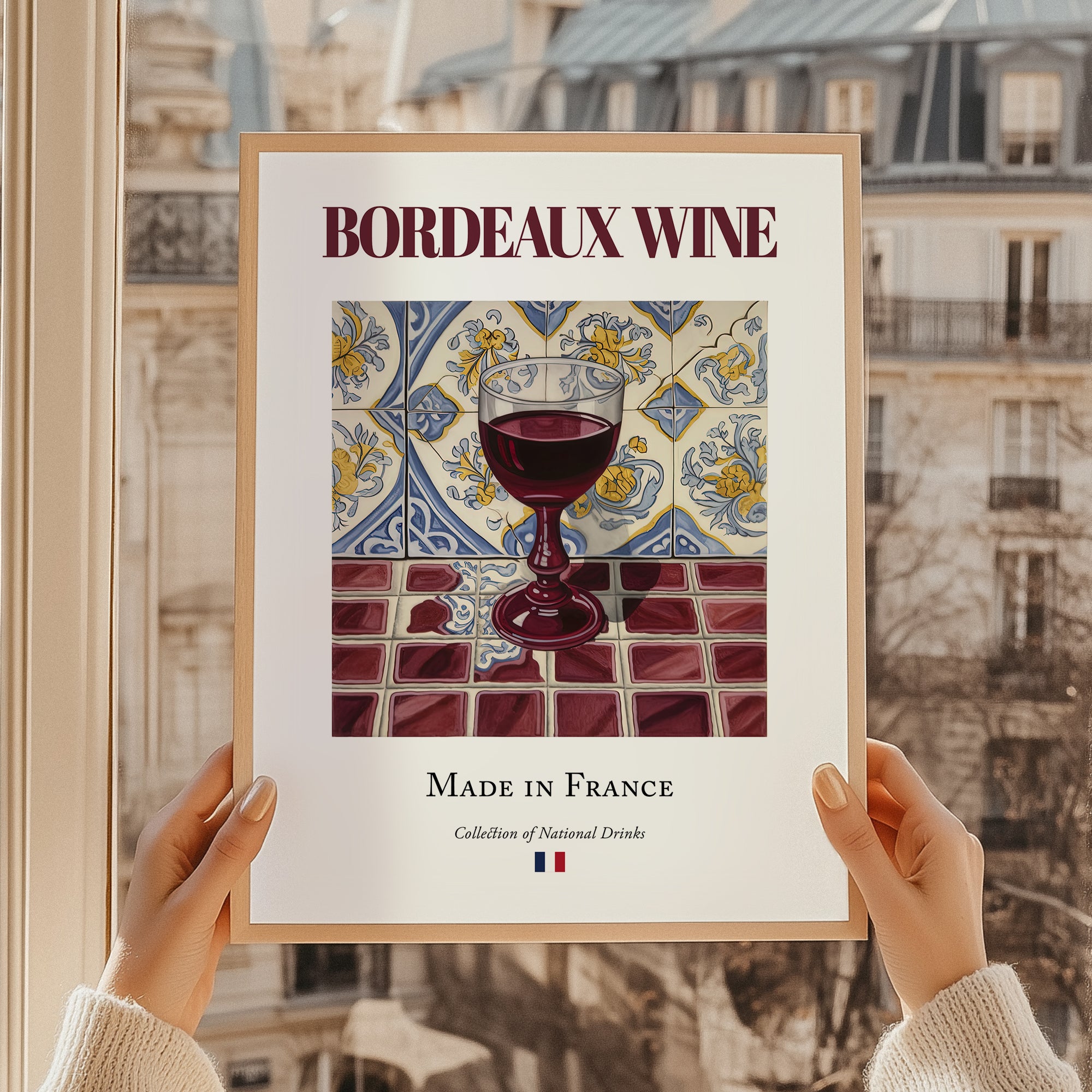 Bordeaux wine – French Red Wine, Wine Bar Wall Art, styled in a charming Paris street view