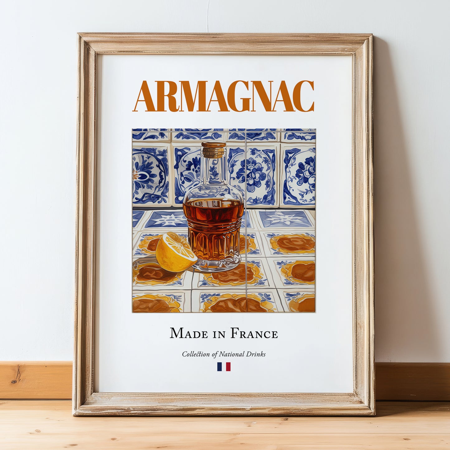Armagnac – French Spirit Drink, Jazz Bar Poster, in wooden frame leaning on the floor