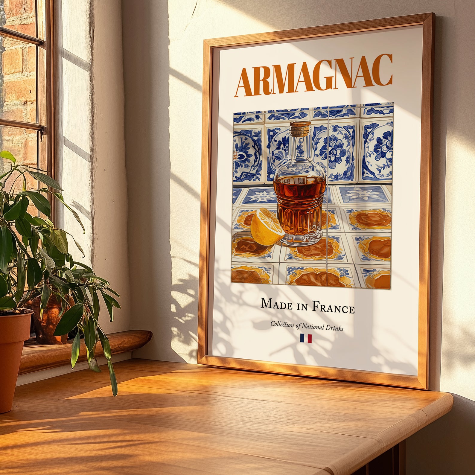 Armagnac – French Spirit Drink, Jazz Bar Poster, no-text version framed in wood