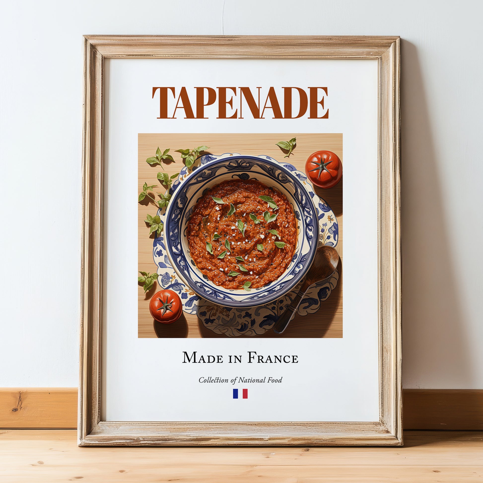 Tapenade – French Snack Dish, Café Wall Decor, in wooden frame leaning on the floor