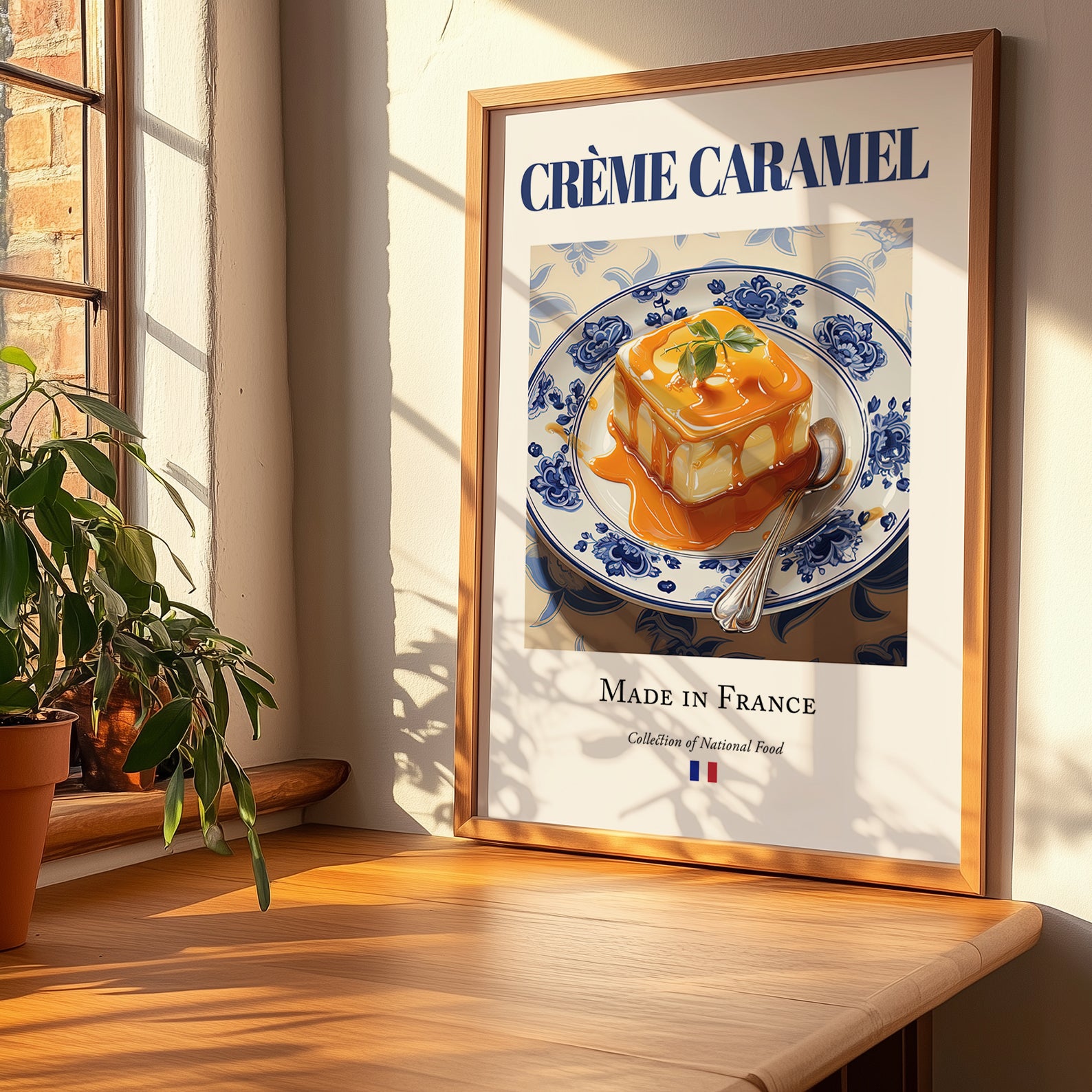Crème caramel – French Dessert Dish, Restaurant Poster, no-text version framed in wood