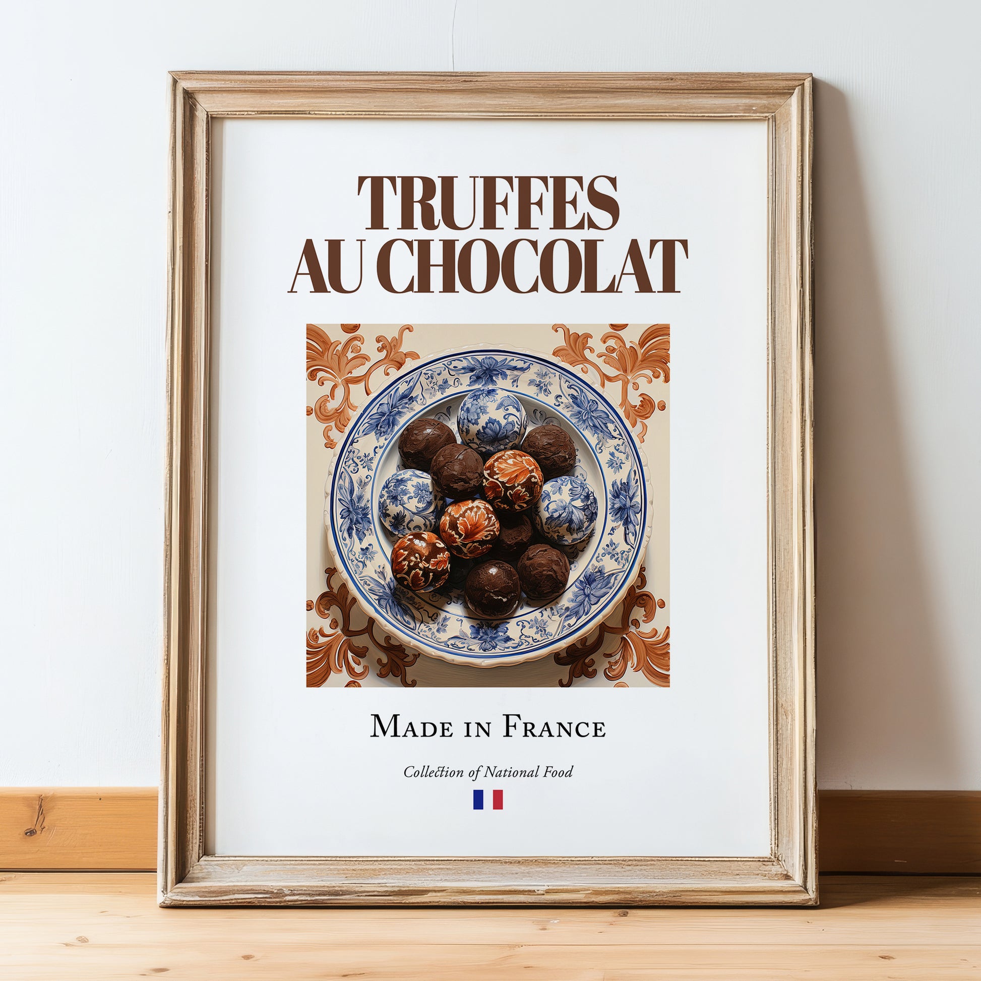 Chocolate truffles – French Dessert Dish, Restaurant Poster, in wooden frame leaning on the floor