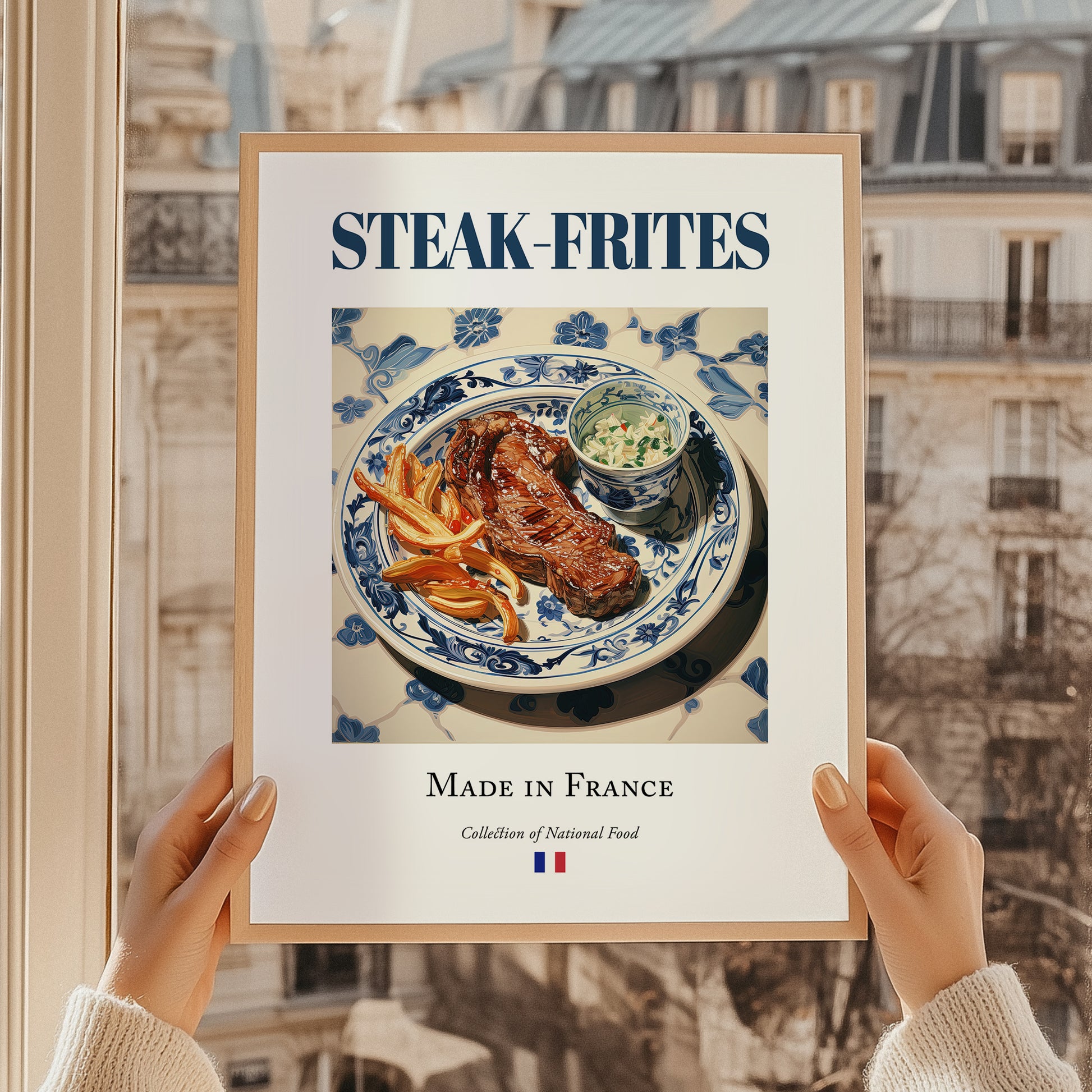 Steak-frites – French Dish, Farmhouse Kitchen Wall Art, styled in a charming Paris street view