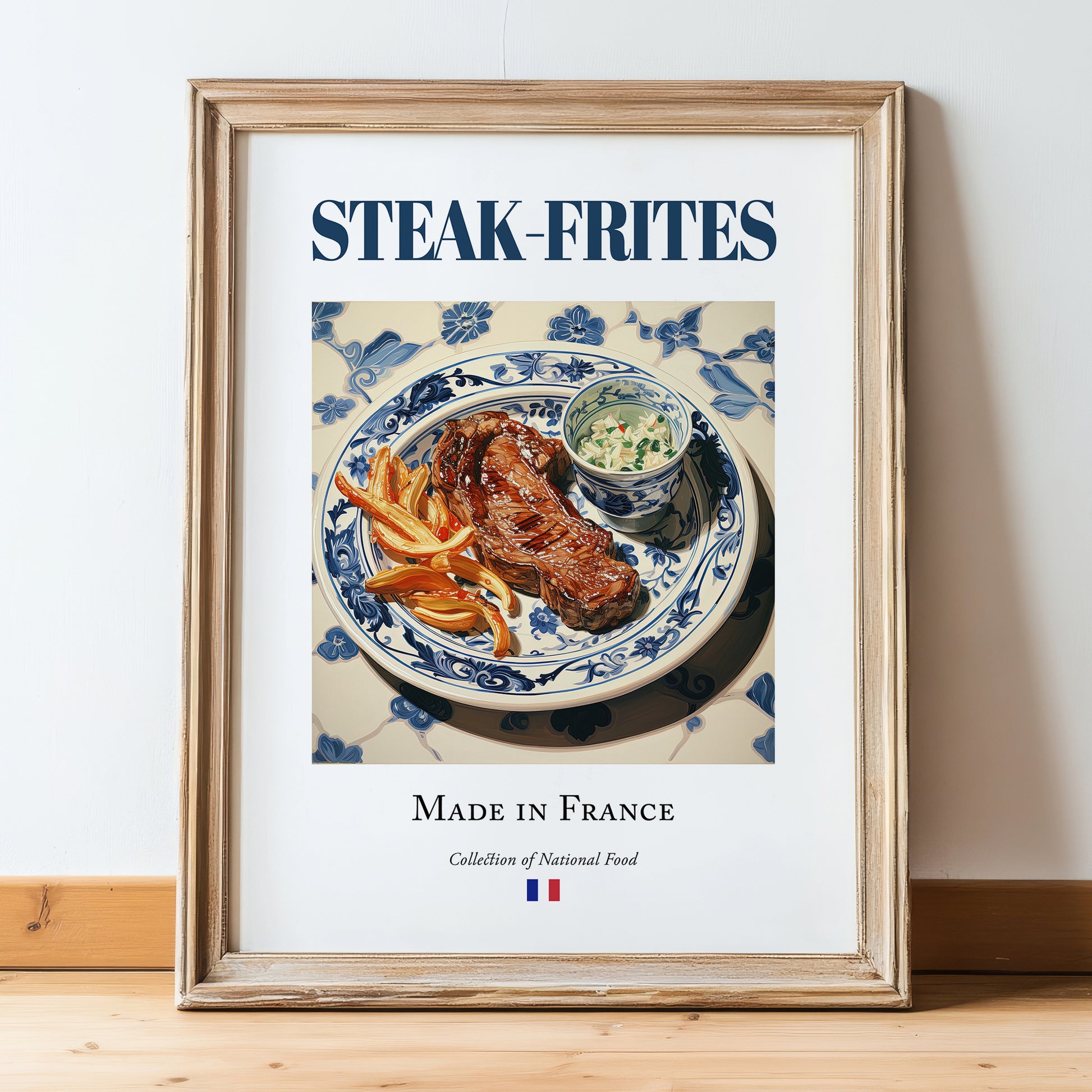 Steak-frites – French Dish, Farmhouse Kitchen Wall Art, in wooden frame leaning on the floor