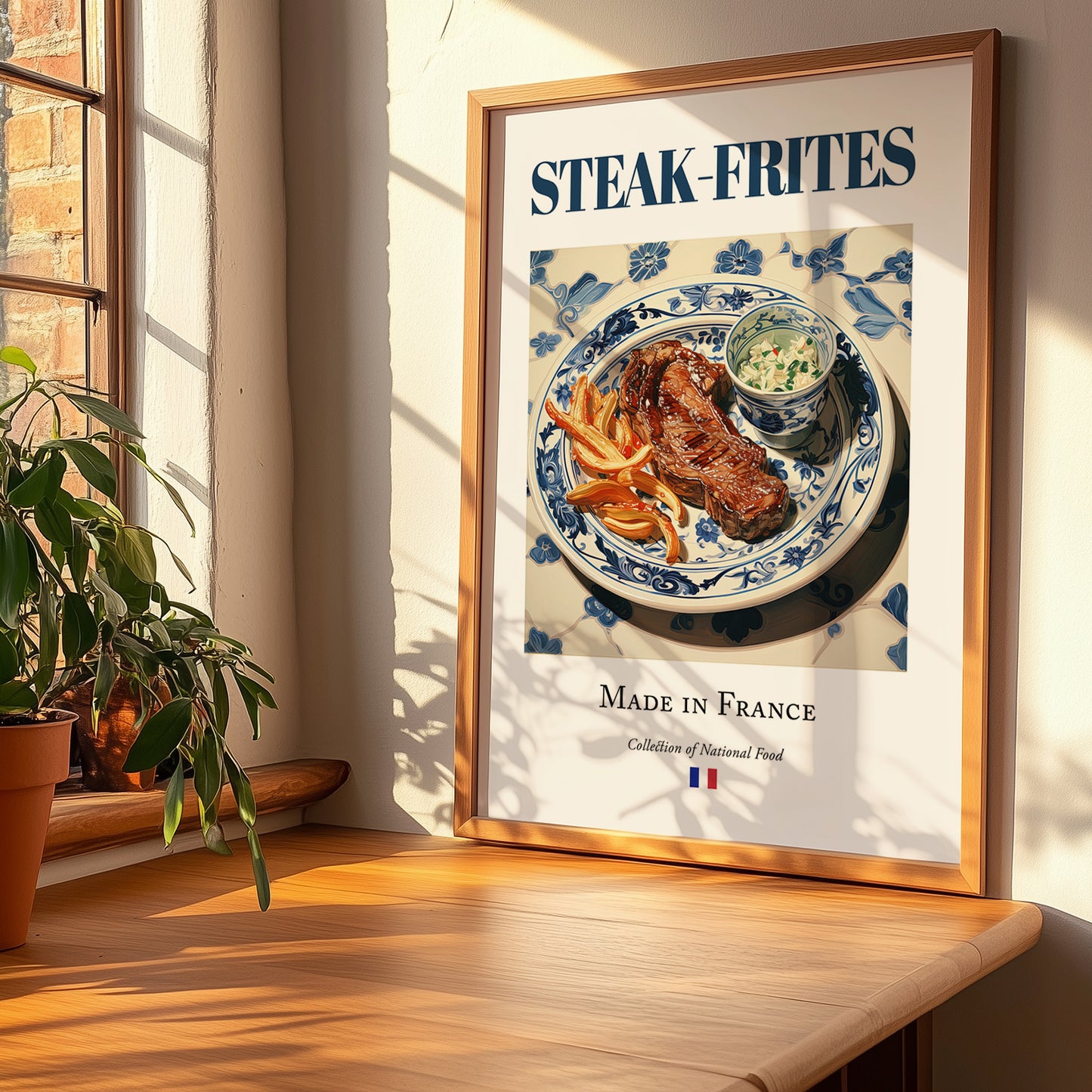 Steak-frites – French Dish, Farmhouse Kitchen Wall Art, no-text version framed in wood