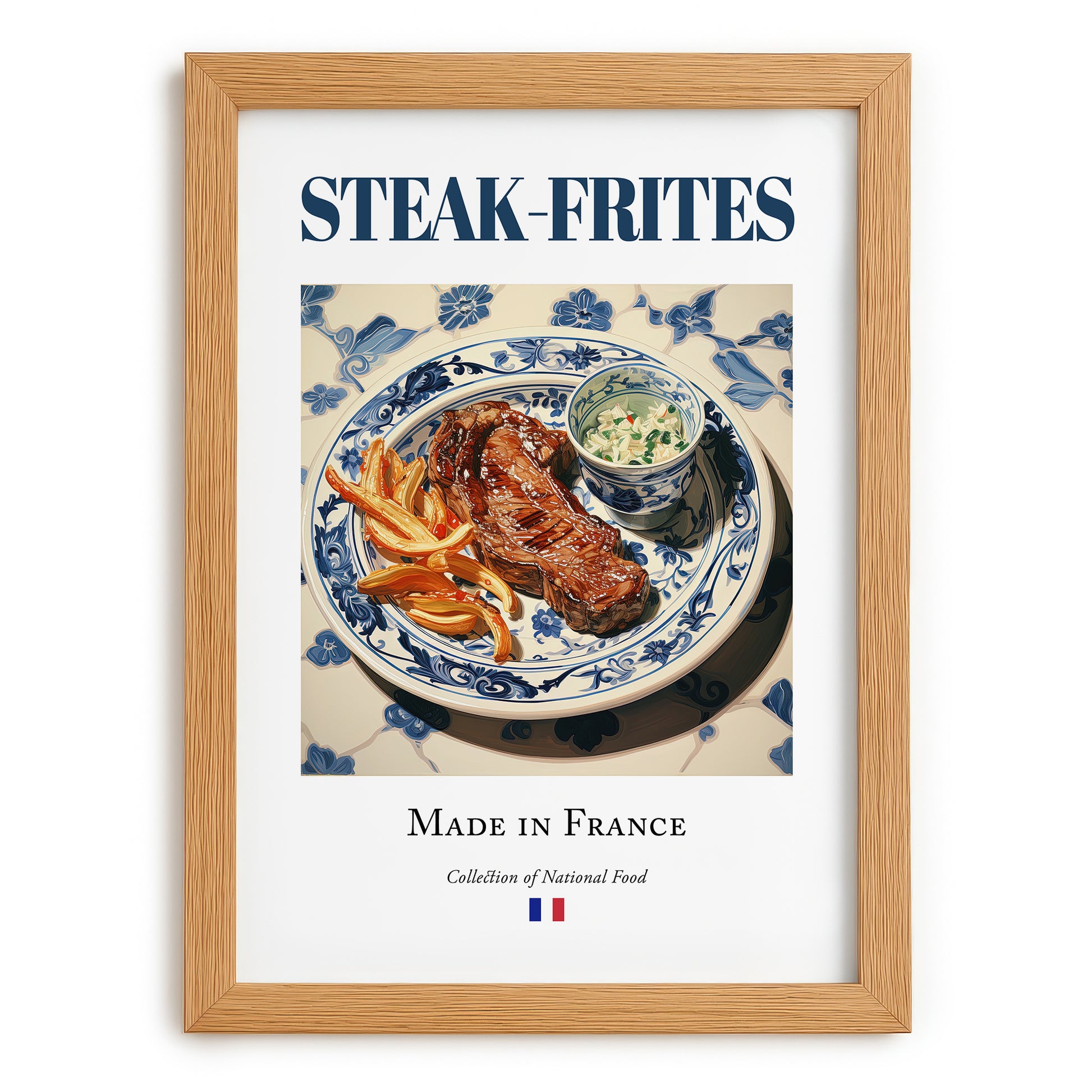 Steak-frites – French Dish, Farmhouse Kitchen Wall Art, set in oak frame