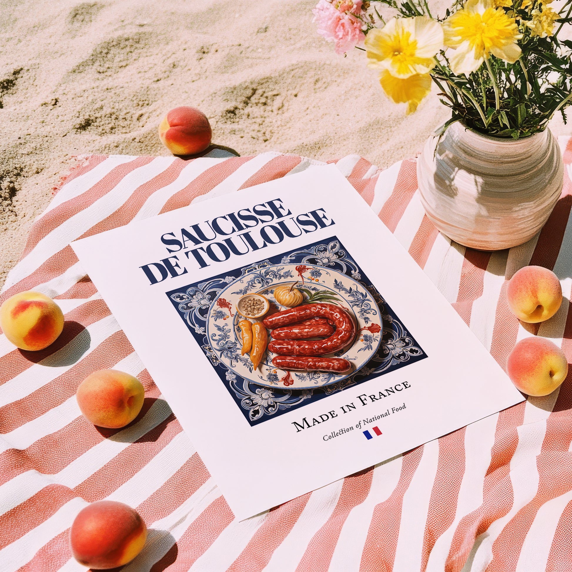 Saucisse de Toulouse – French Meat Dish, Farmhouse Kitchen Illustration, unframed on coastal sand