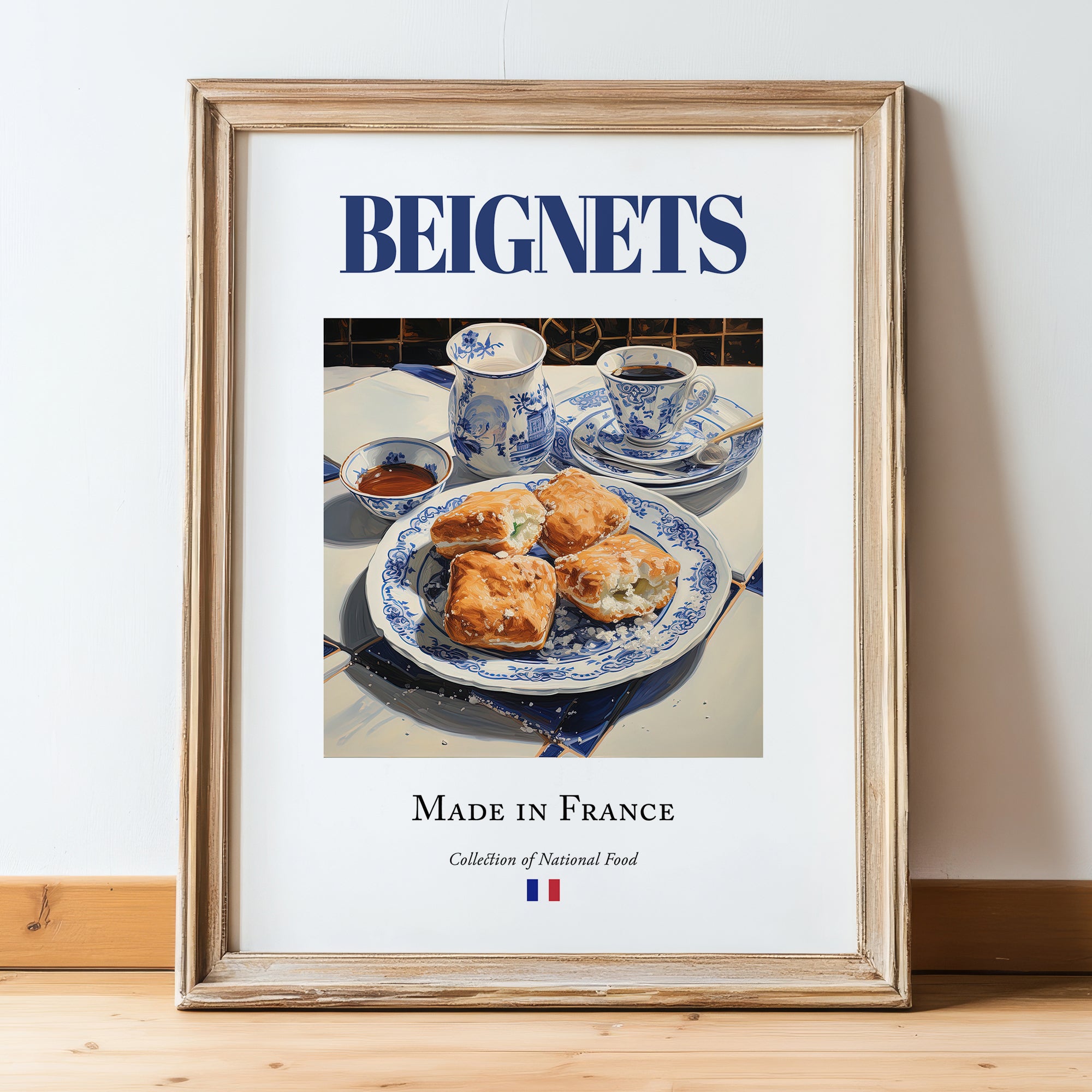 Beignets – French Dessert Dish, Brasserie Wall Art, in wooden frame leaning on the floor