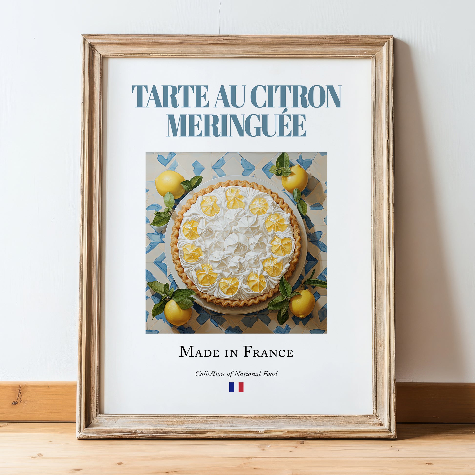 Lemon Meringue Pie – French Dessert Dish, Restaurant Poster, in wooden frame leaning on the floor
