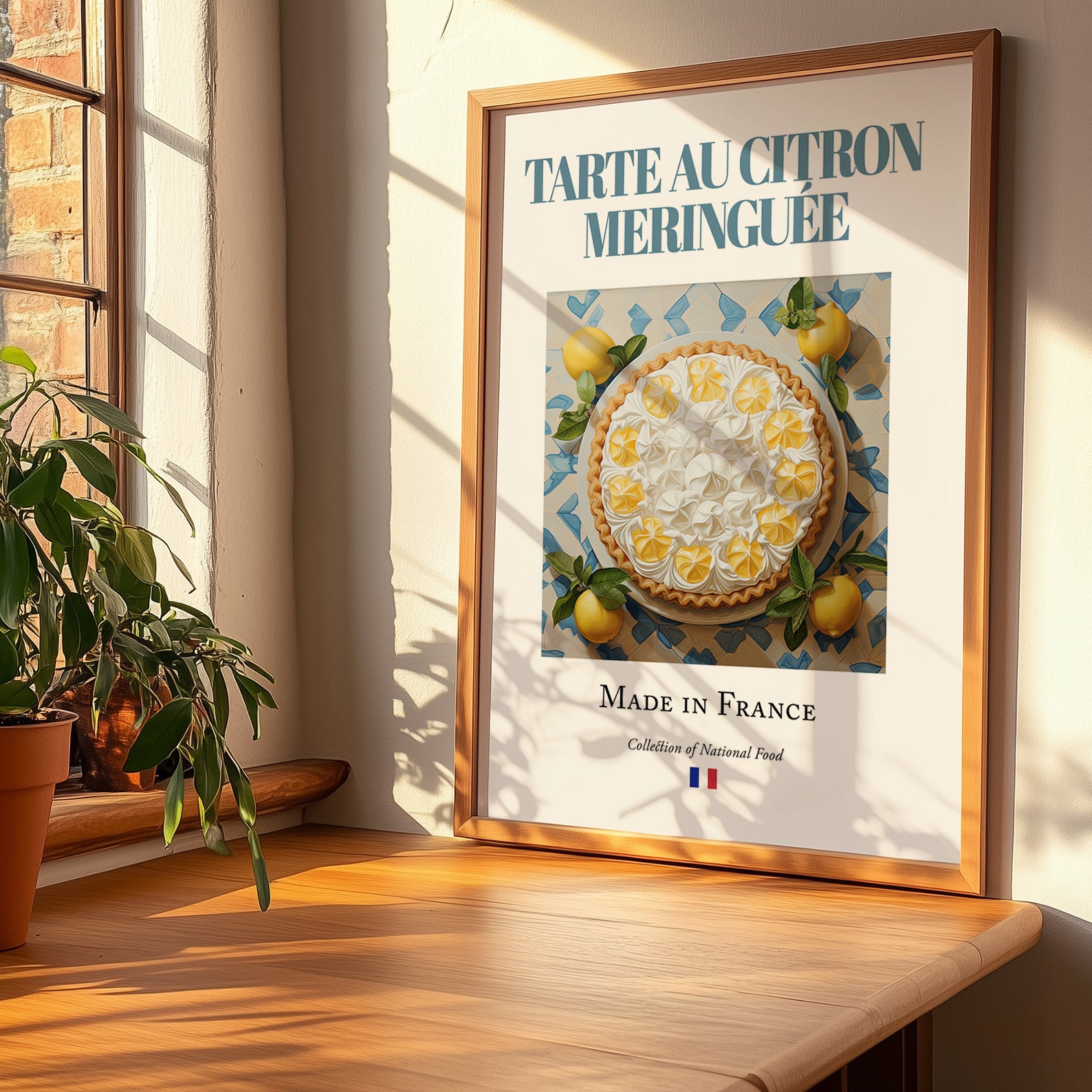 Lemon Meringue Pie – French Dessert Dish, Restaurant Poster, no-text version framed in wood