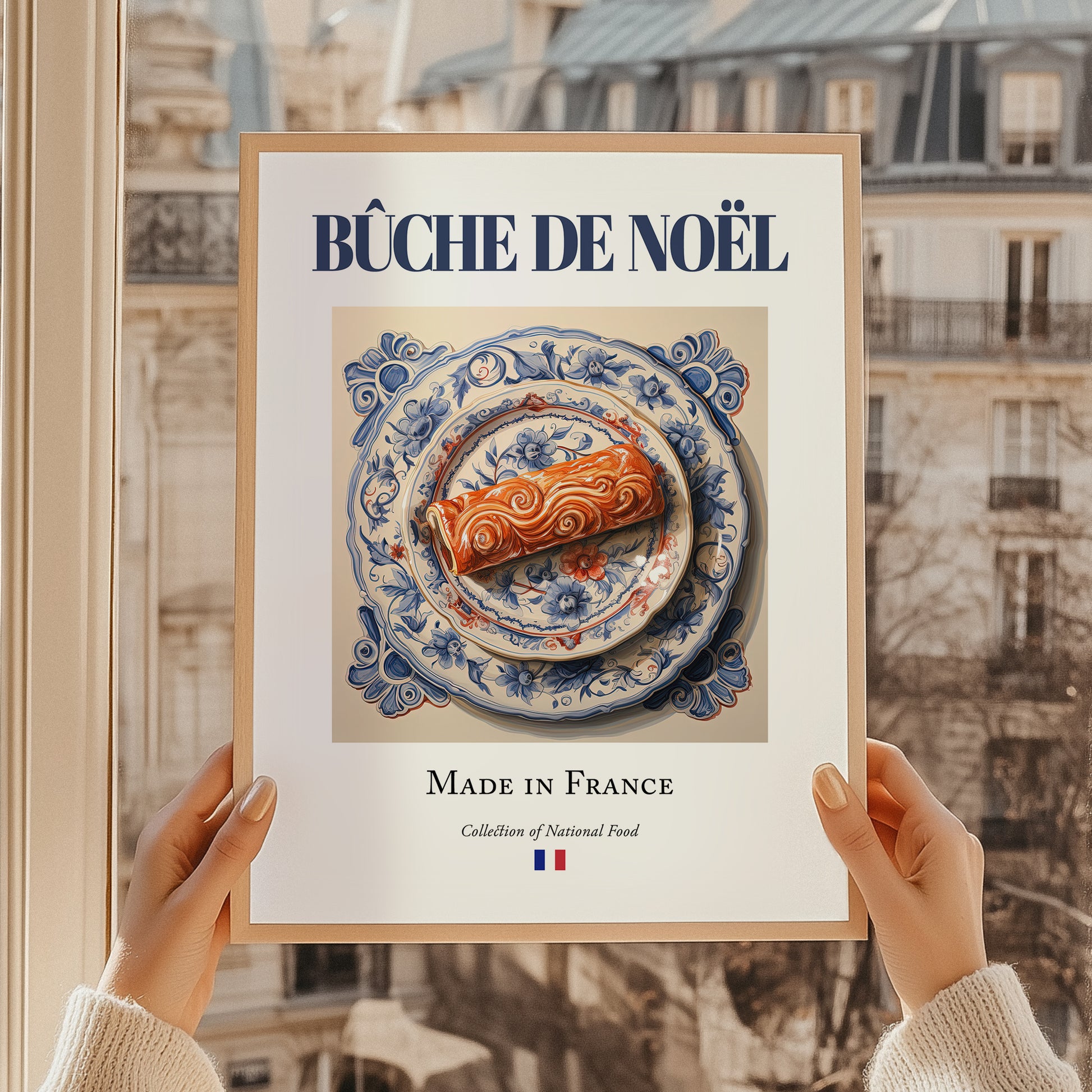 Bûche de Noël – French Dessert Dish, Tavern Poster, styled in a charming Paris street view