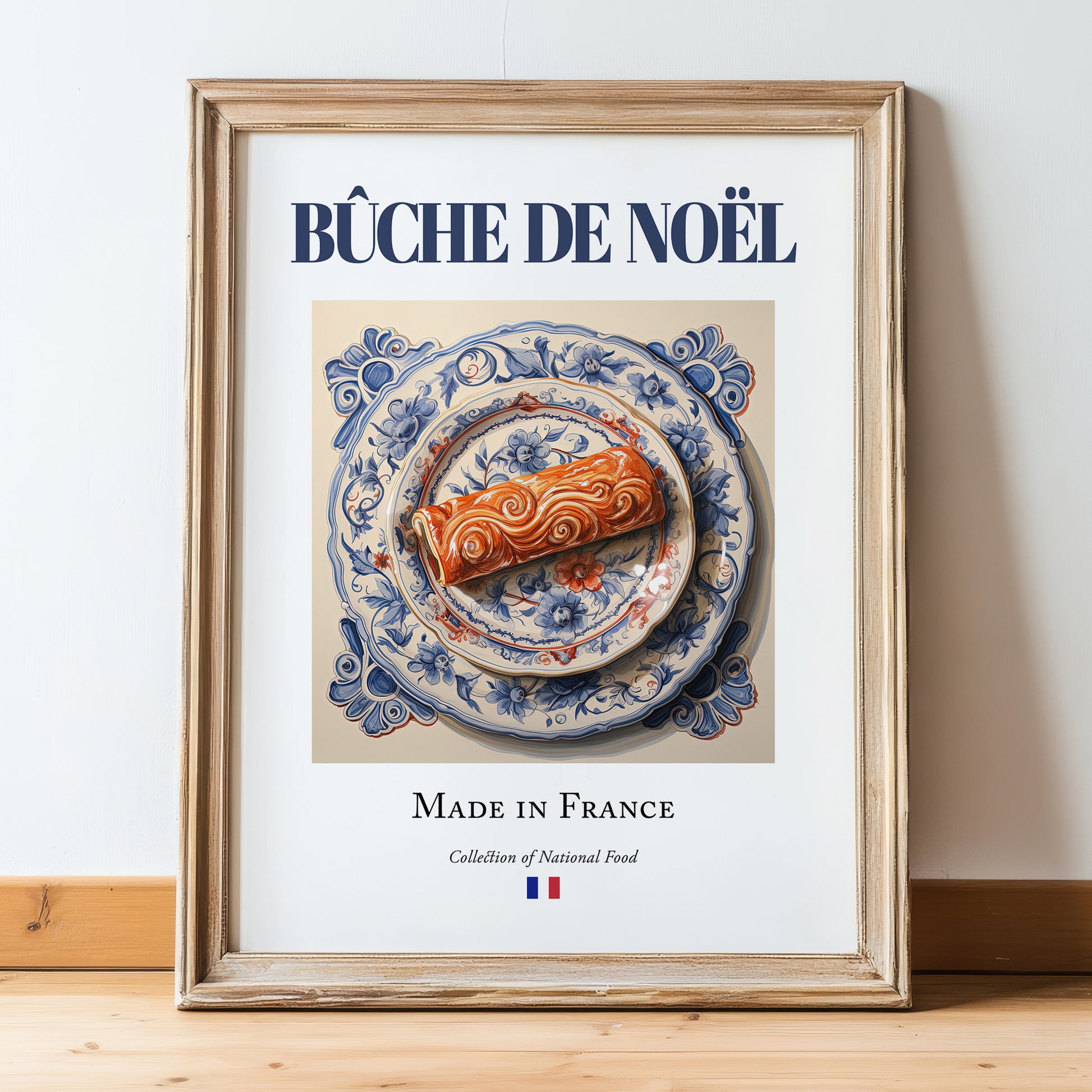 Bûche de Noël – French Dessert Dish, Tavern Poster, in wooden frame leaning on the floor