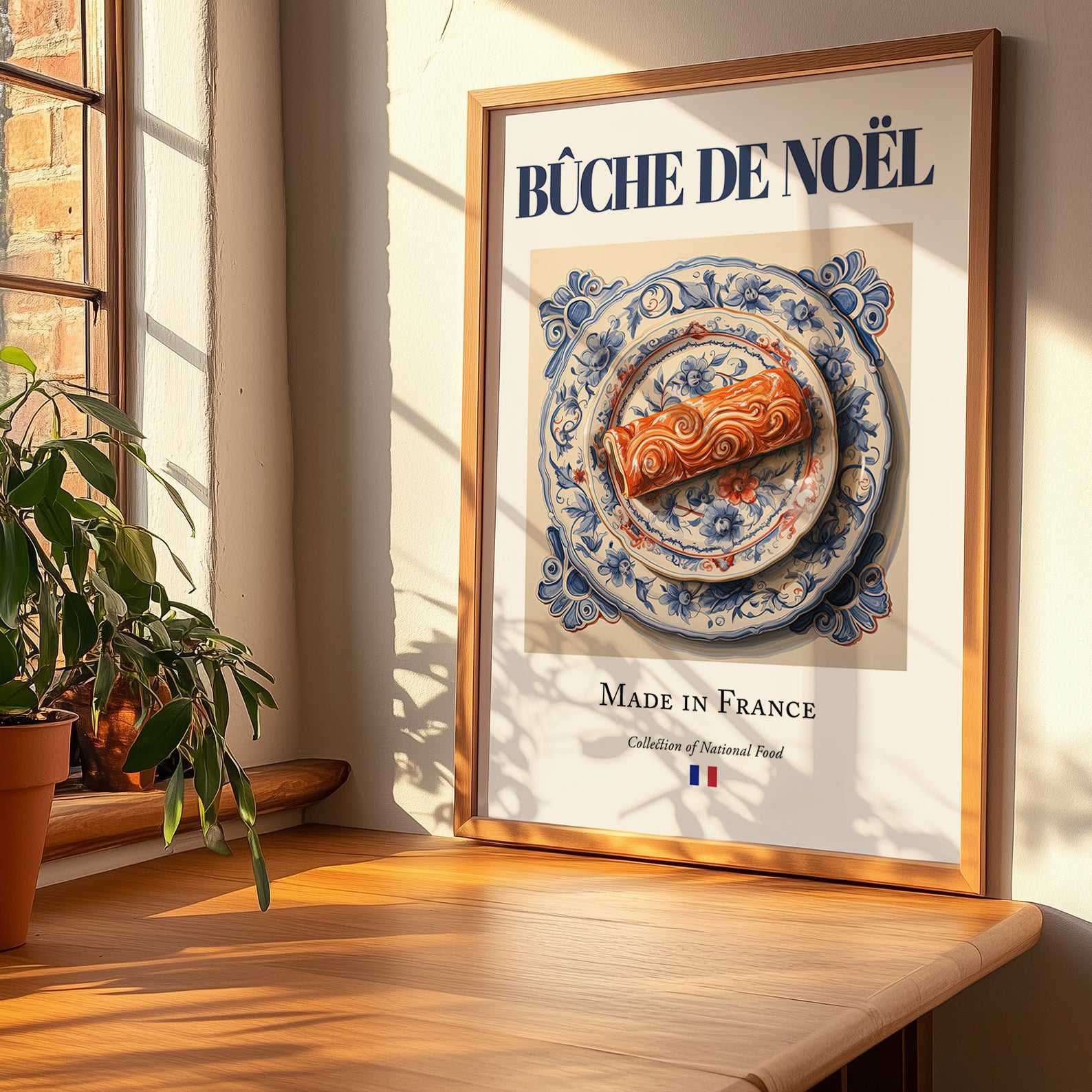 Bûche de Noël – French Dessert Dish, Tavern Poster, no-text version framed in wood