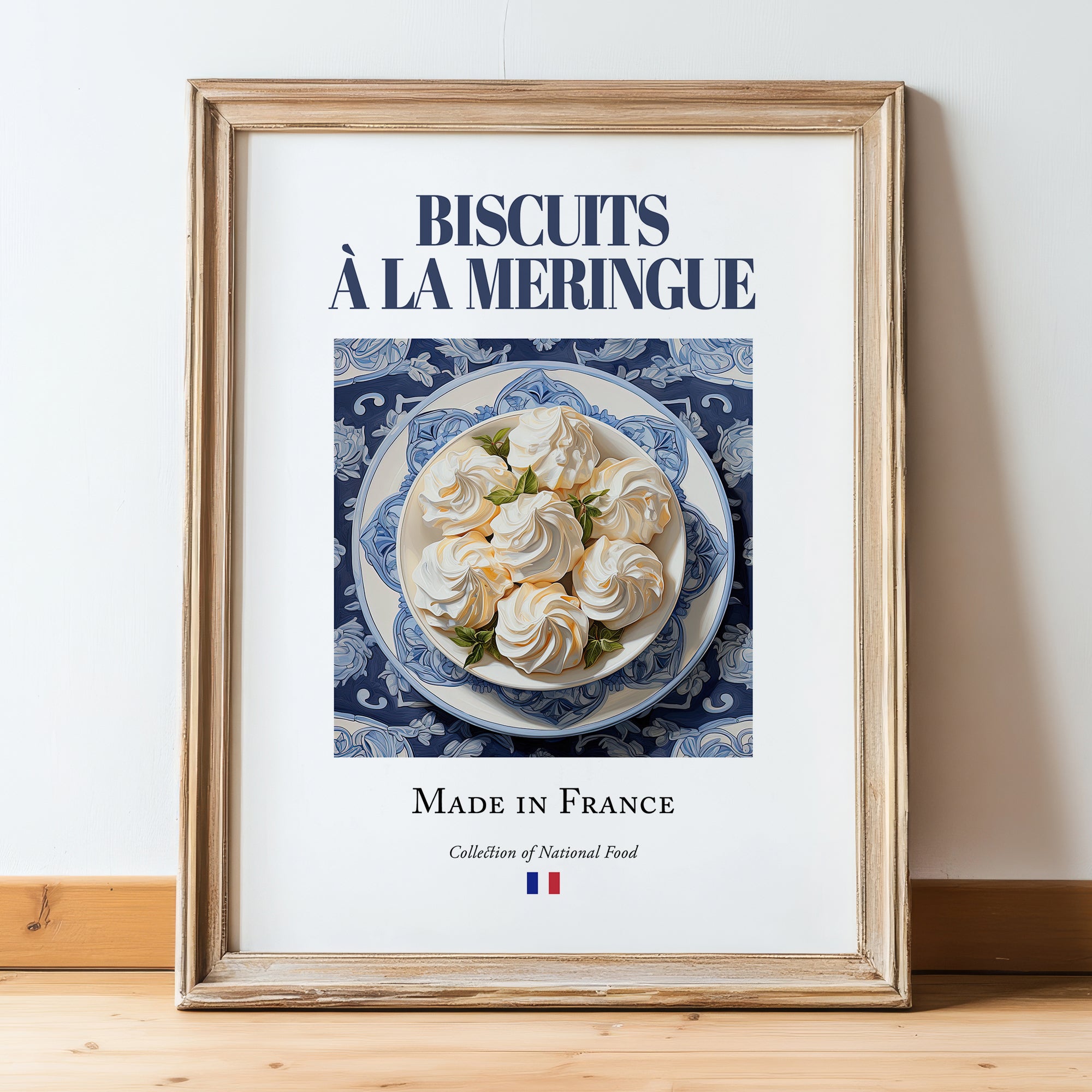 Meringue Cookies – French Dessert Dish, Tavern Art, in wooden frame leaning on the floor