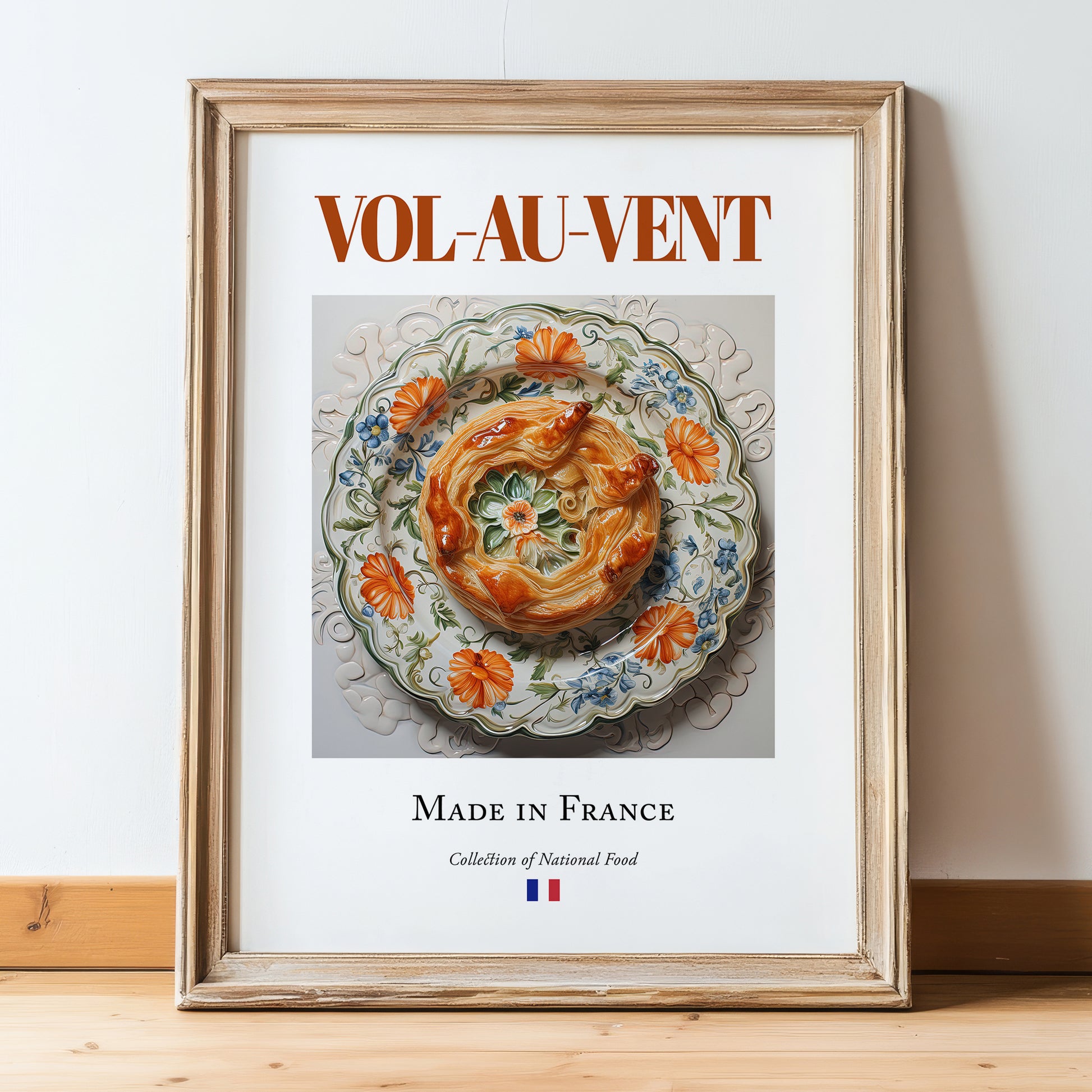 Vol-au-vent – French Dish, Farmhouse Kitchen Print, in wooden frame leaning on the floor