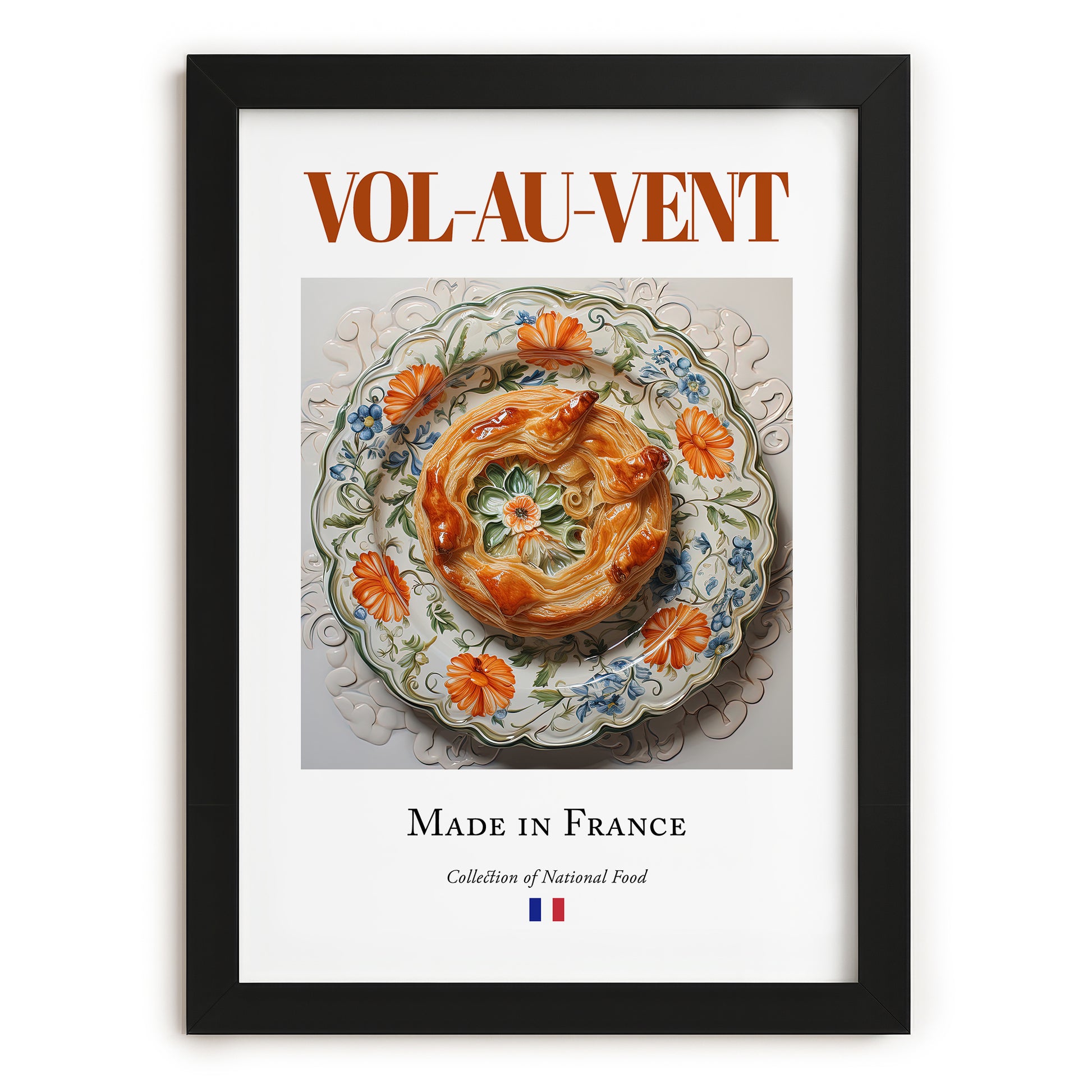 Vol-au-vent – French Dish, Farmhouse Kitchen Print, in sleek black frame