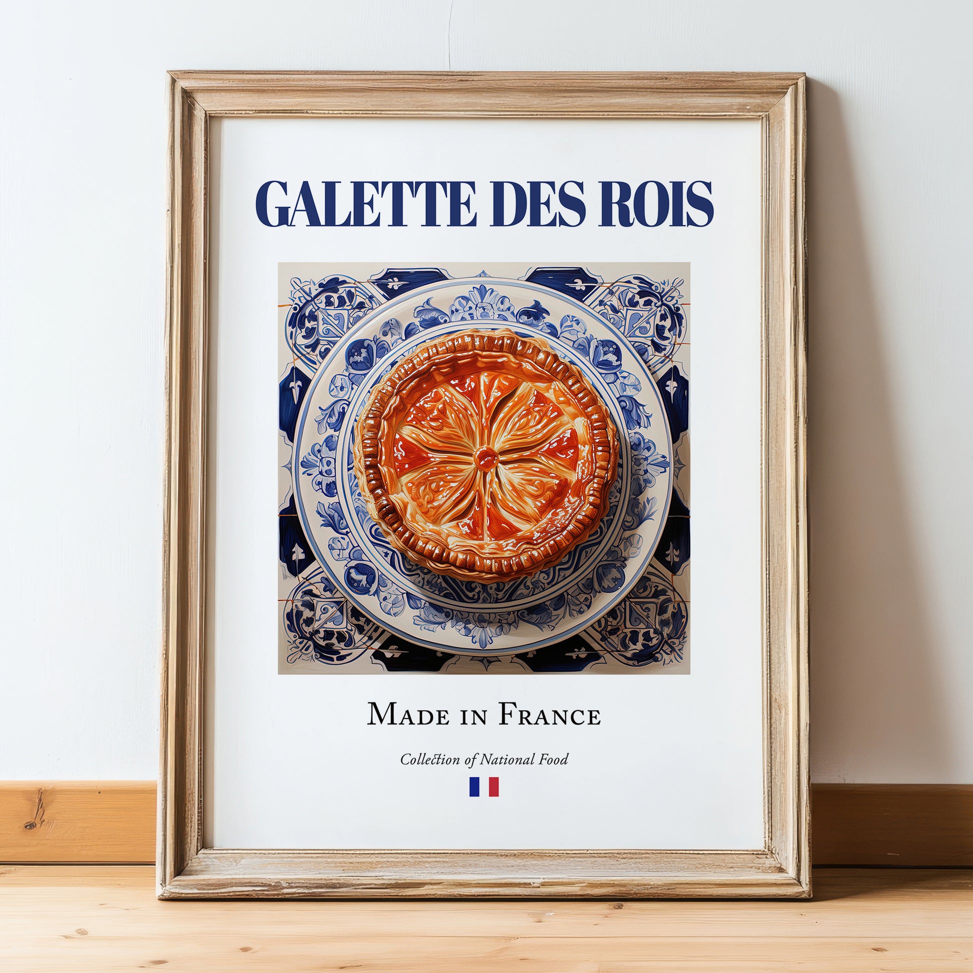 Galette des rois – French Dessert Dish, Bistro Wall Art, in wooden frame leaning on the floor