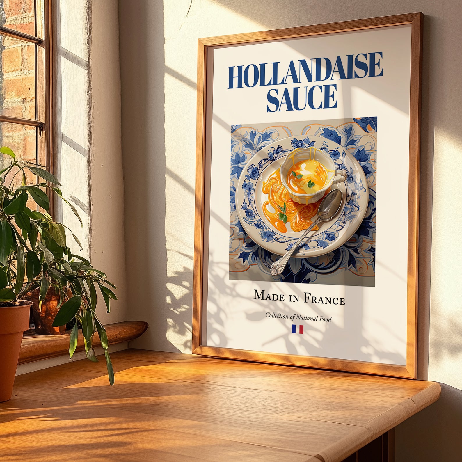Hollandaise sauce – French Sauce Dish, Restaurant Still Life, no-text version framed in wood