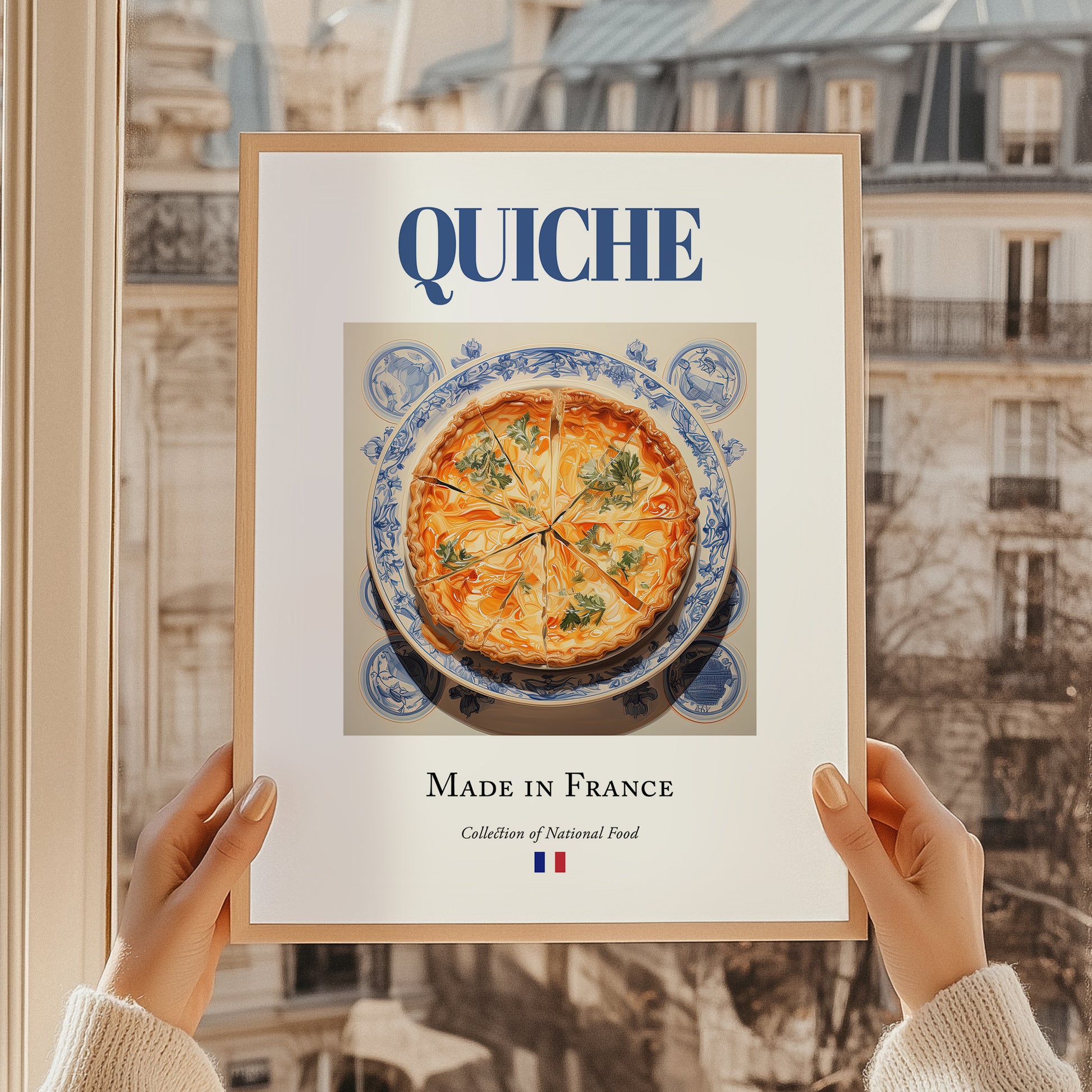 Quiche – French Dish, Bistro Wall Art, styled in a charming Paris street view