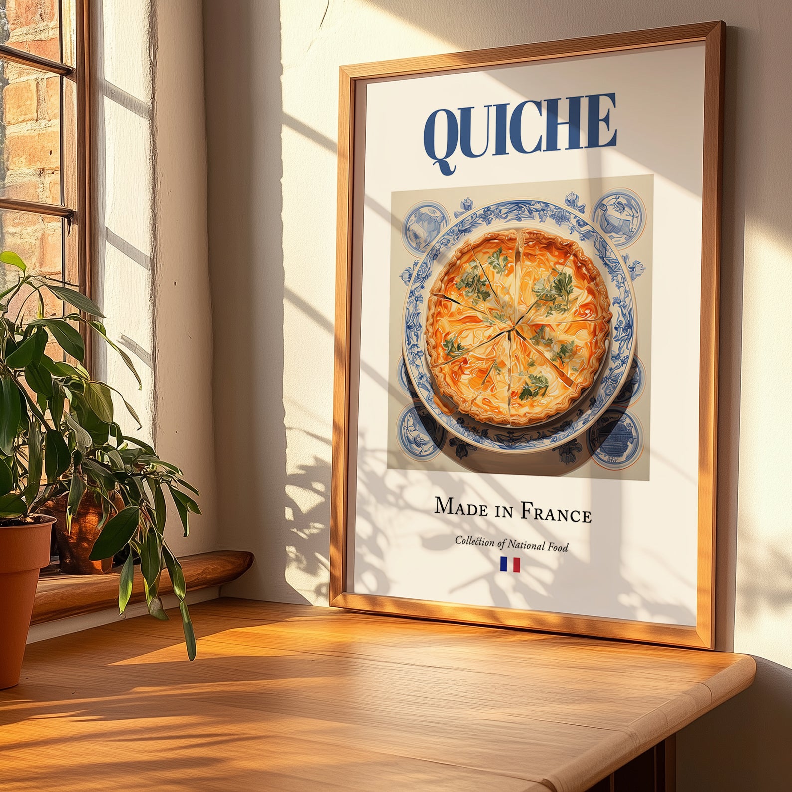 Quiche – French Dish, Bistro Wall Art, no-text version framed in wood