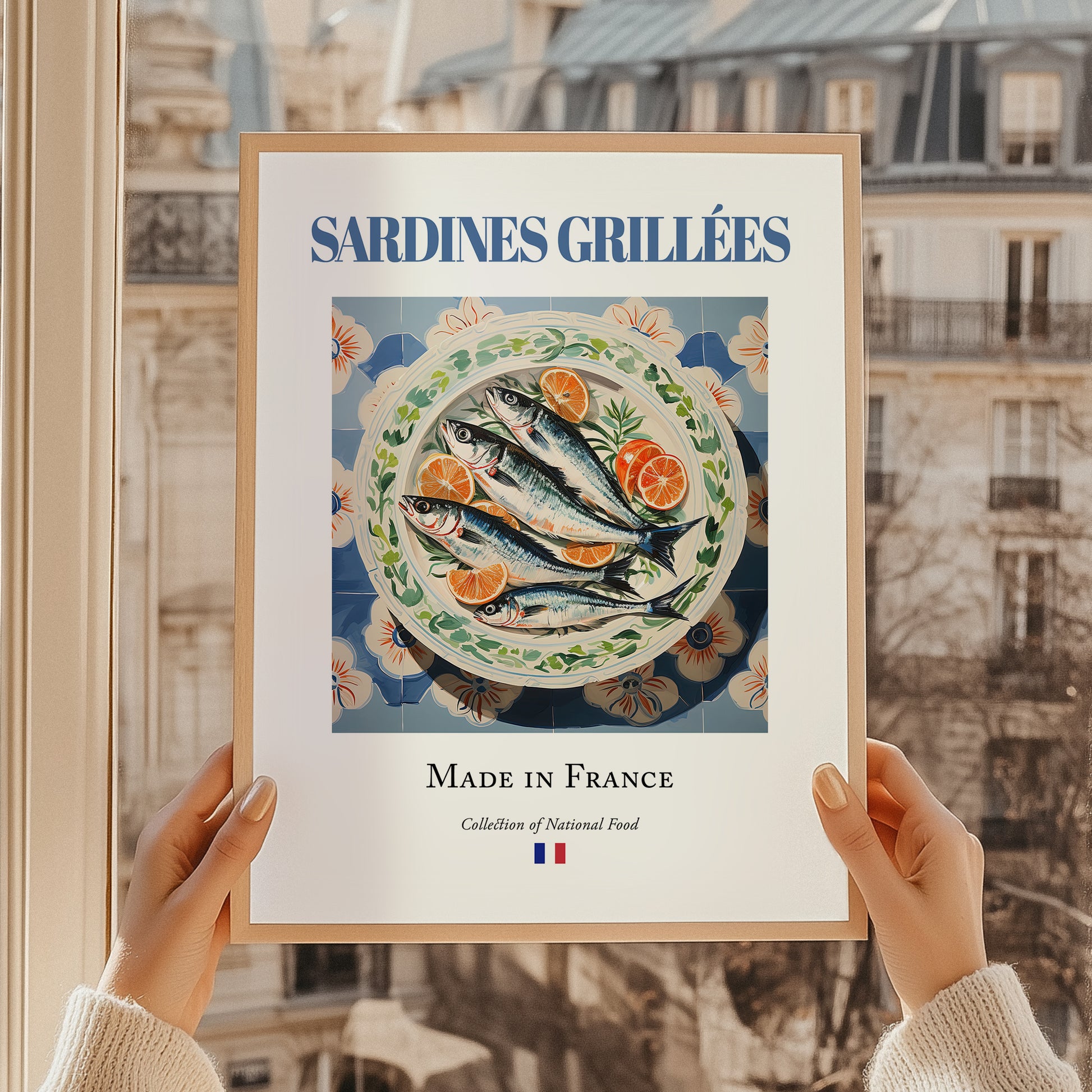 Sardines grillées – French Dish, Brasserie Poster, styled in a charming Paris street view