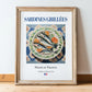 Sardines grillées – French Dish, Brasserie Poster, in wooden frame leaning on the floor