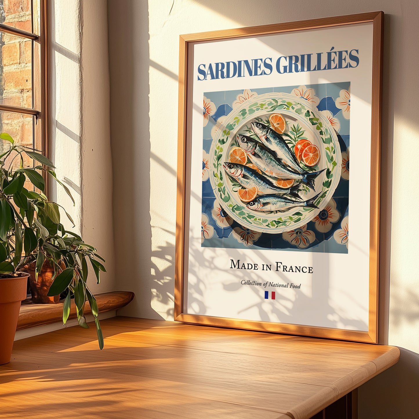 Sardines grillées – French Dish, Brasserie Poster, no-text version framed in wood