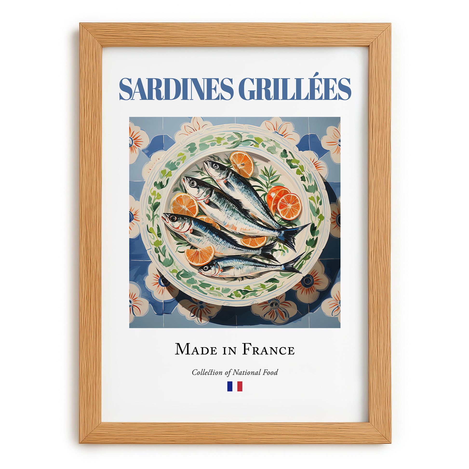 Sardines grillées – French Dish, Brasserie Poster, set in oak frame