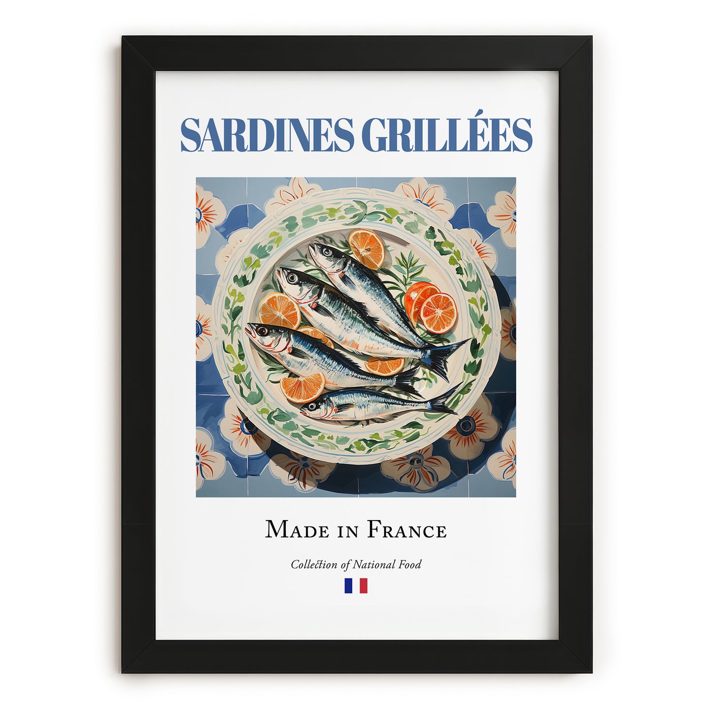 Sardines grillées – French Dish, Brasserie Poster, in sleek black frame