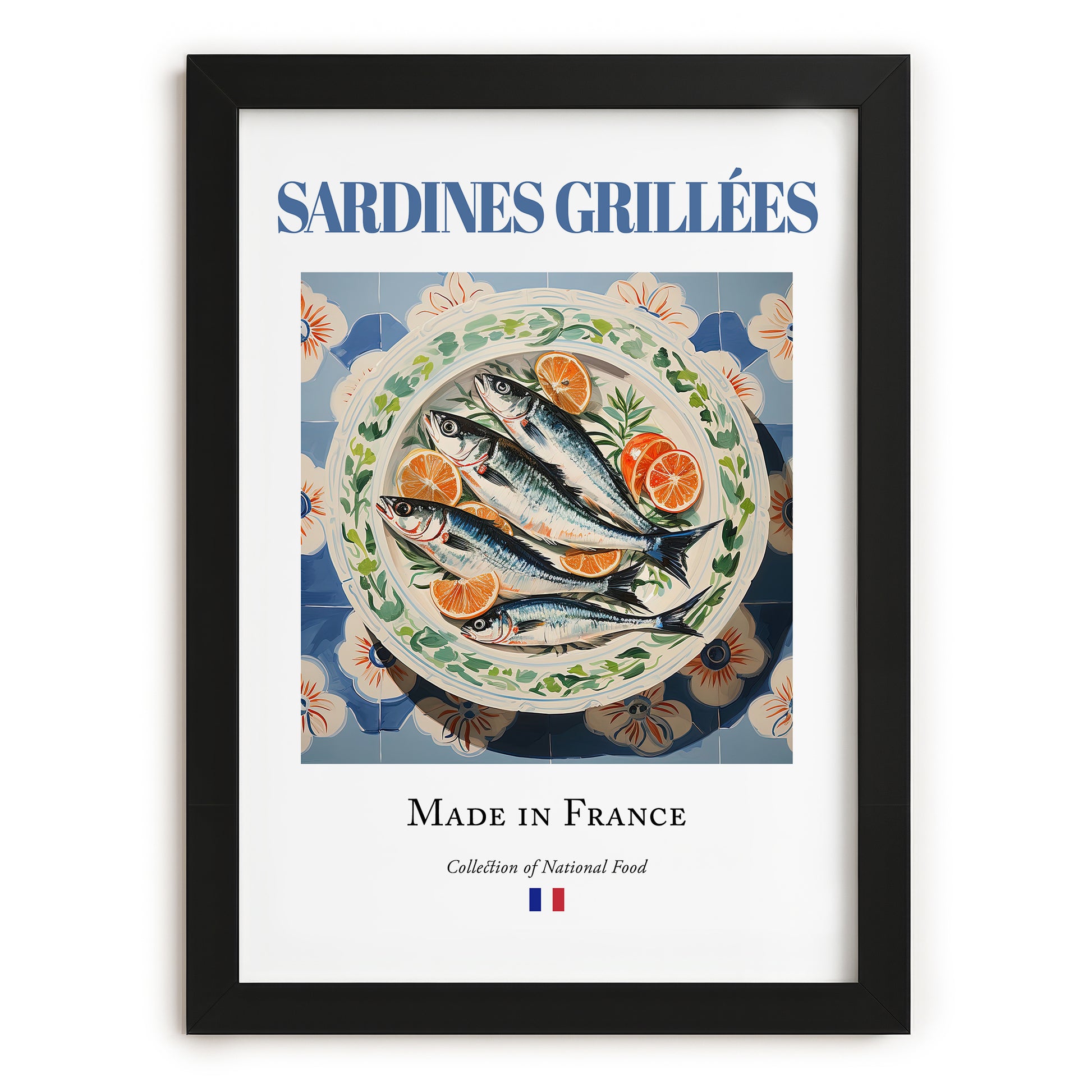 Sardines grillées – French Dish, Brasserie Poster, in sleek black frame