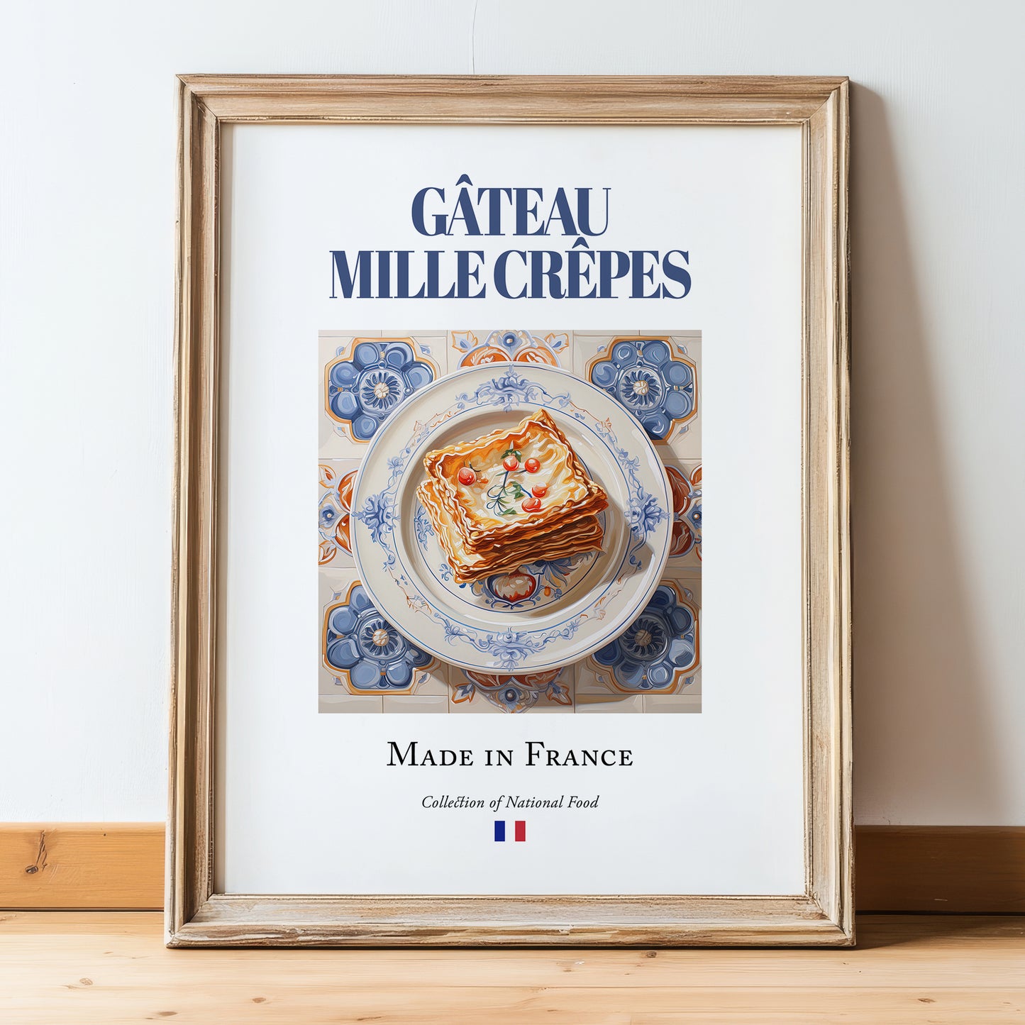 Gâteau mille crêpes – French Dessert Dish, Bistro Wall Decor, in wooden frame leaning on the floor