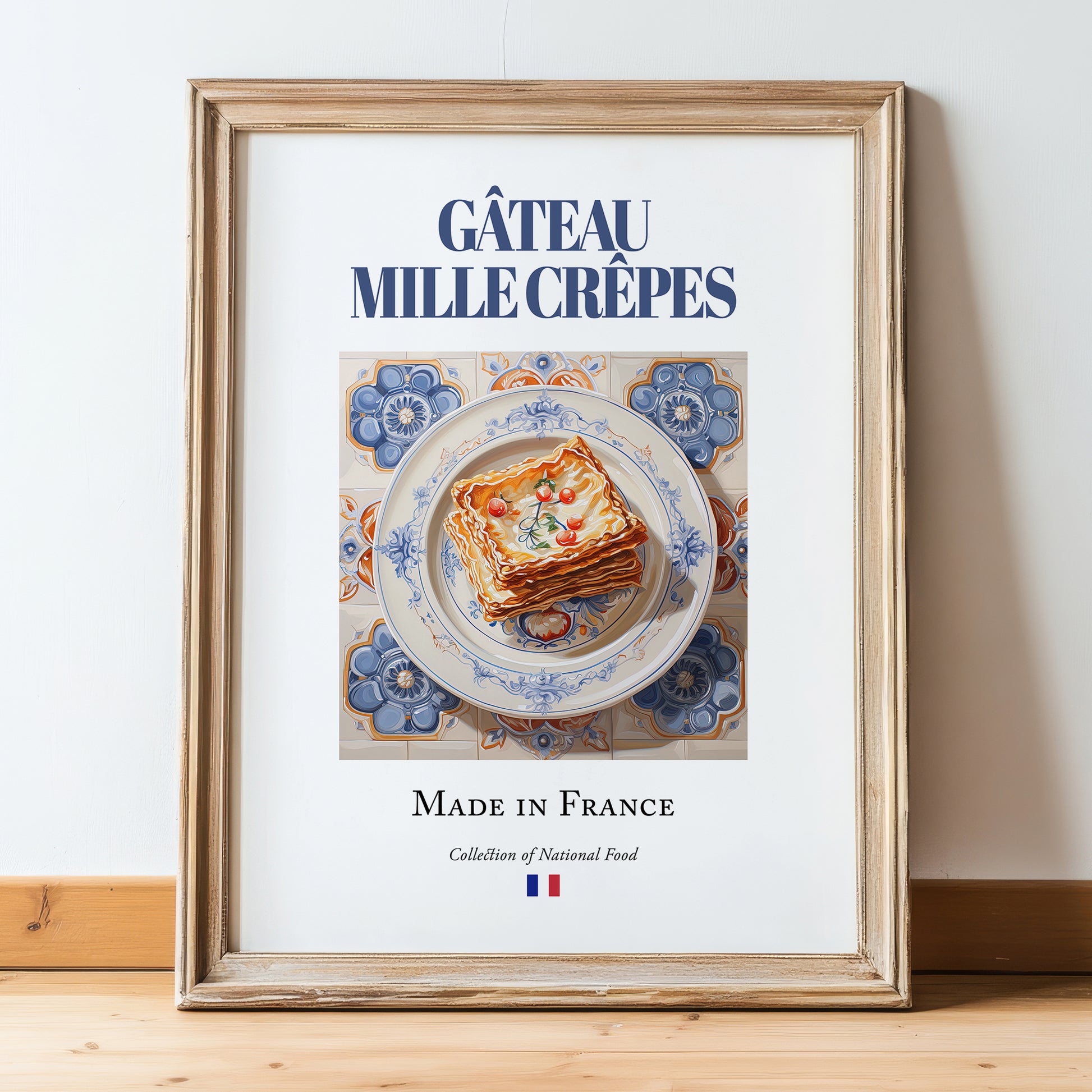 Gâteau mille crêpes – French Dessert Dish, Bistro Wall Decor, in wooden frame leaning on the floor