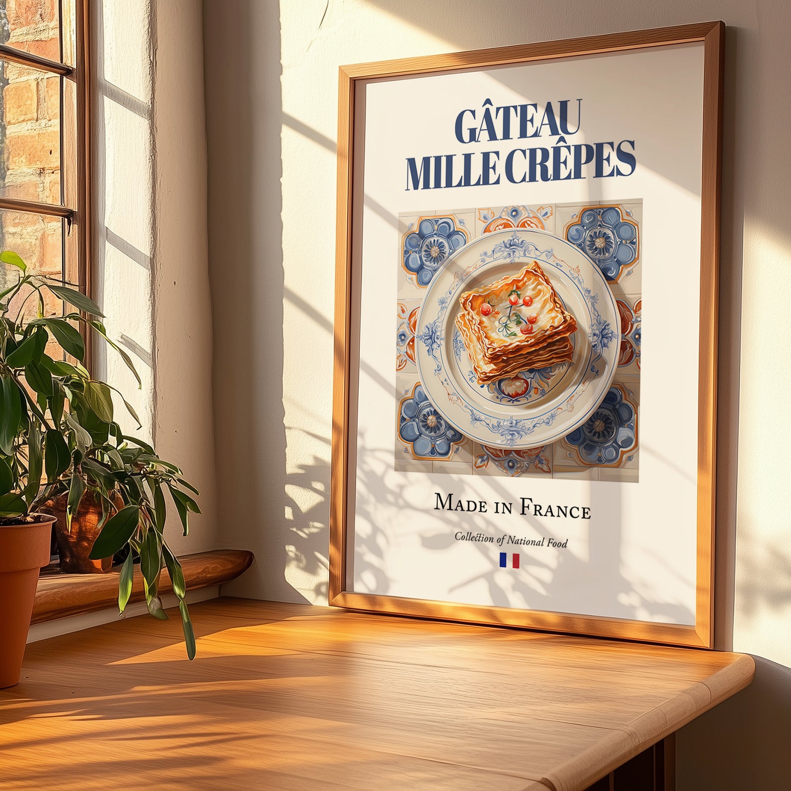 Gâteau mille crêpes – French Dessert Dish, Bistro Wall Decor, no-text version framed in wood