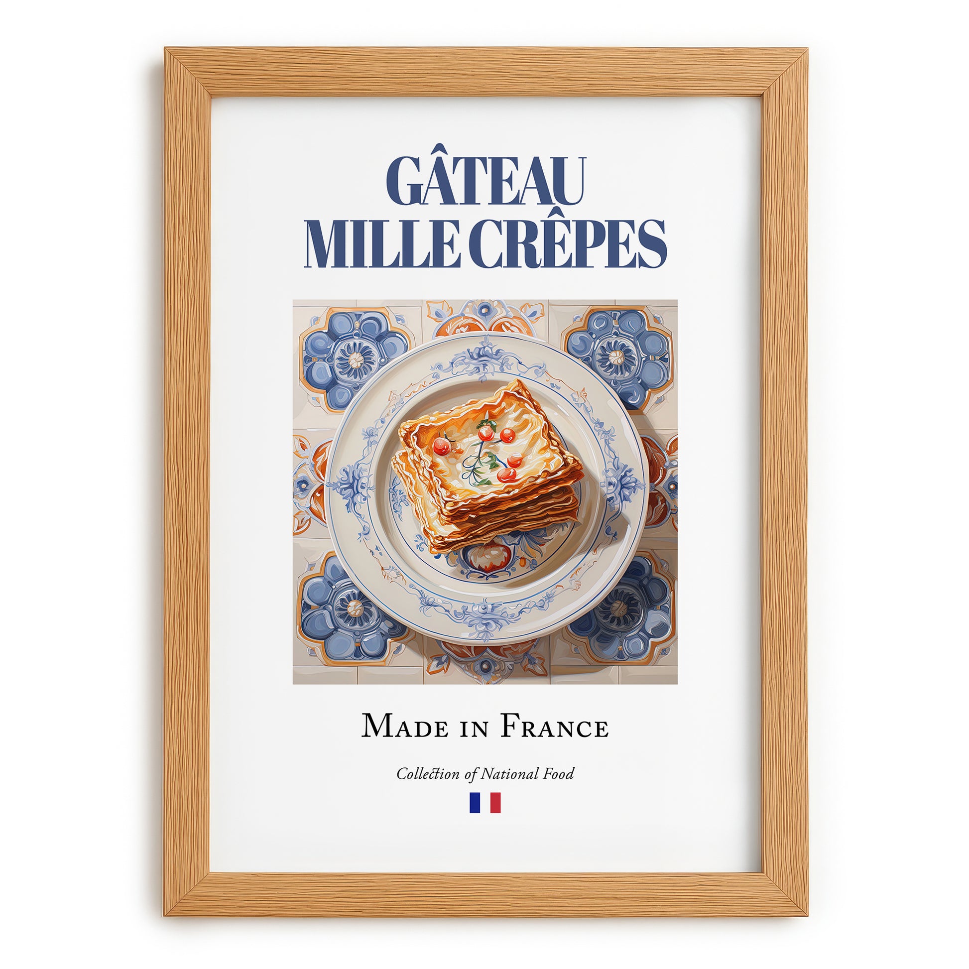 Gâteau mille crêpes – French Dessert Dish, Bistro Wall Decor, set in oak frame