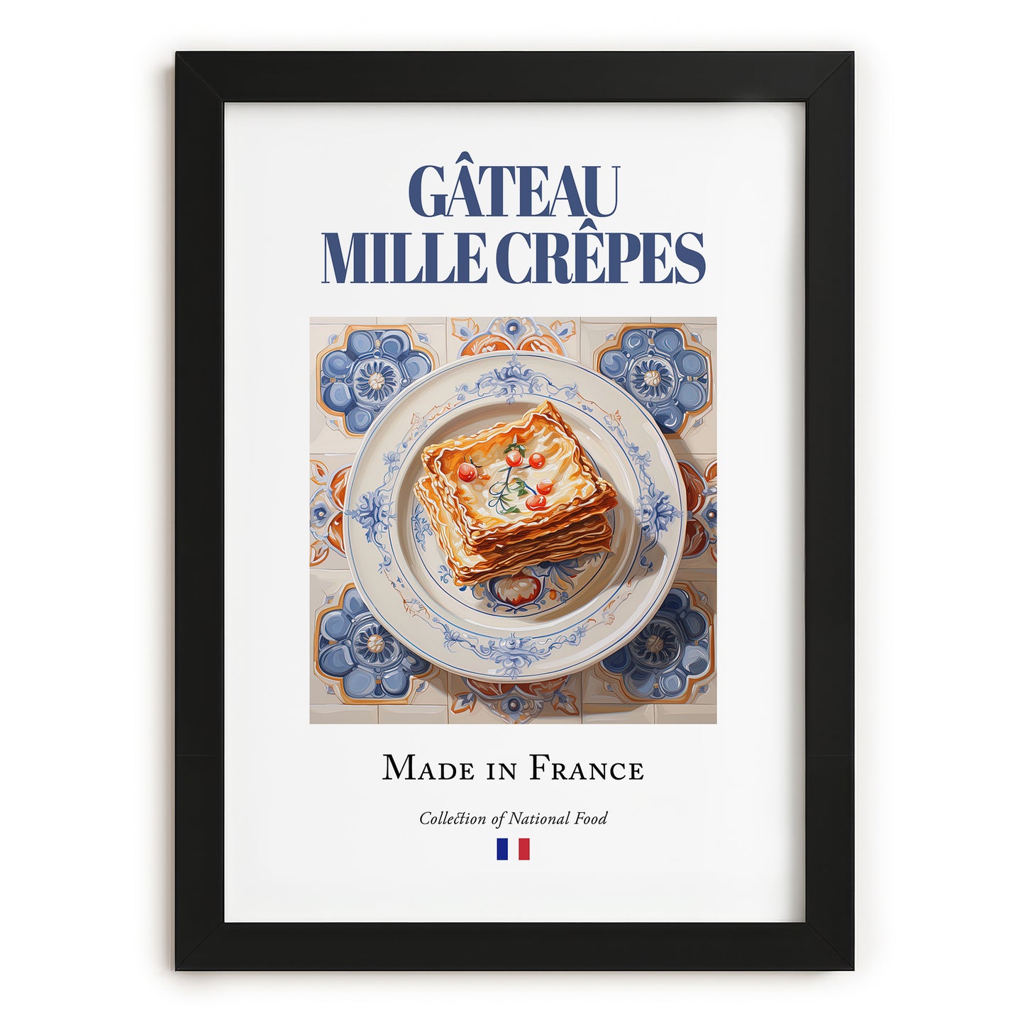 Gâteau mille crêpes – French Dessert Dish, Bistro Wall Decor, in sleek black frame