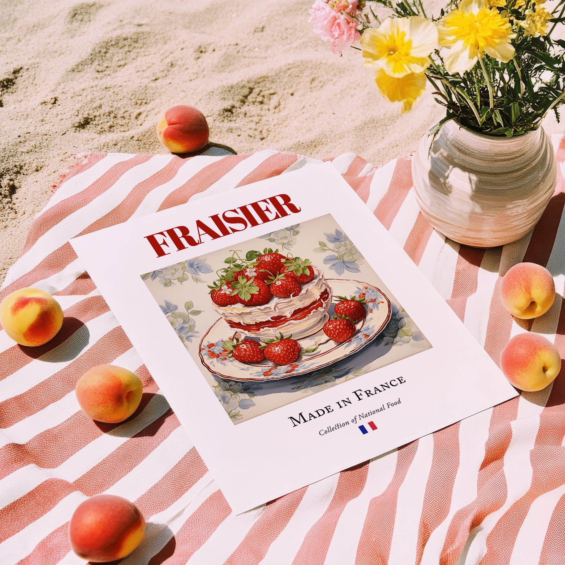 Fraisier – French Dessert Dish, Brasserie Print, unframed on coastal sand