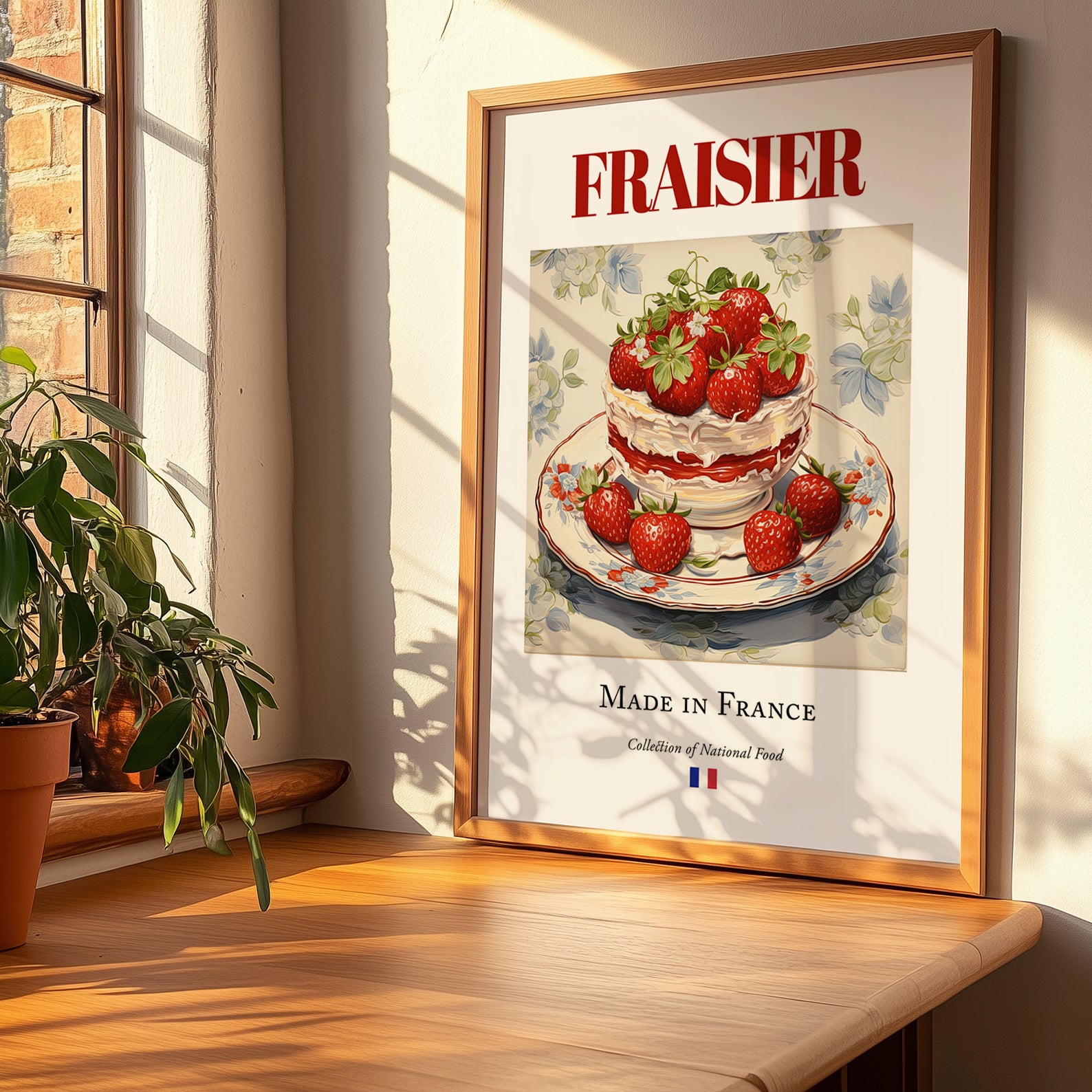 Fraisier – French Dessert Dish, Brasserie Print, no-text version framed in wood