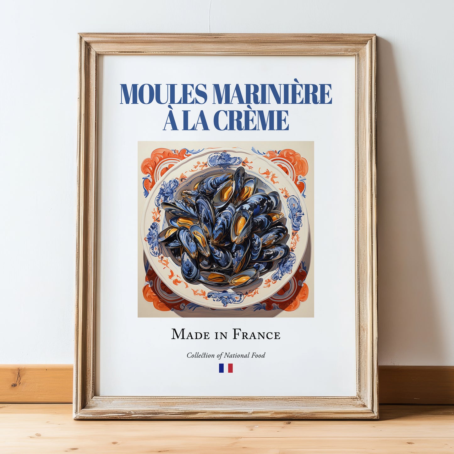 Moules marinière à la crème – French Dish, Café Art, in wooden frame leaning on the floor