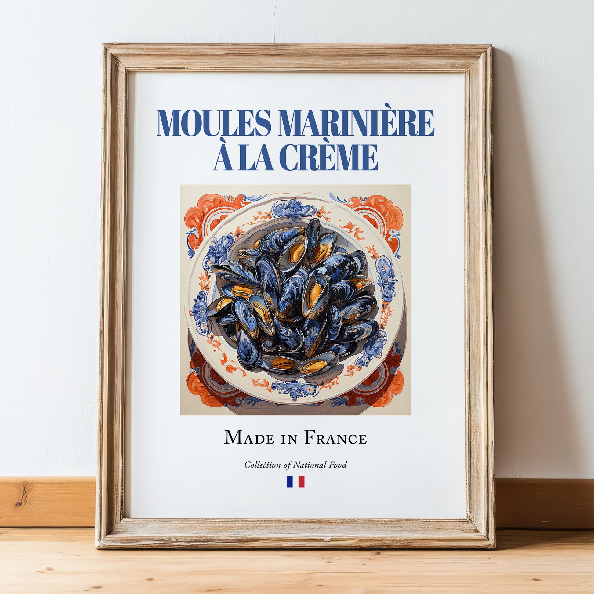 Moules marinière à la crème – French Dish, Café Art, in wooden frame leaning on the floor