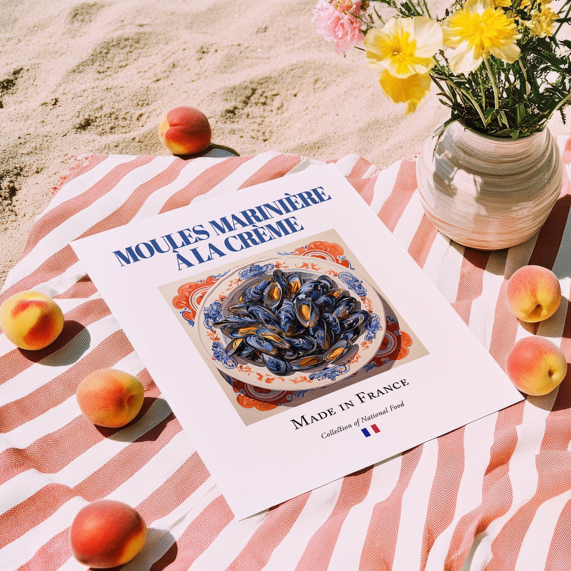 Moules marinière à la crème – French Dish, Café Art, unframed on coastal sand