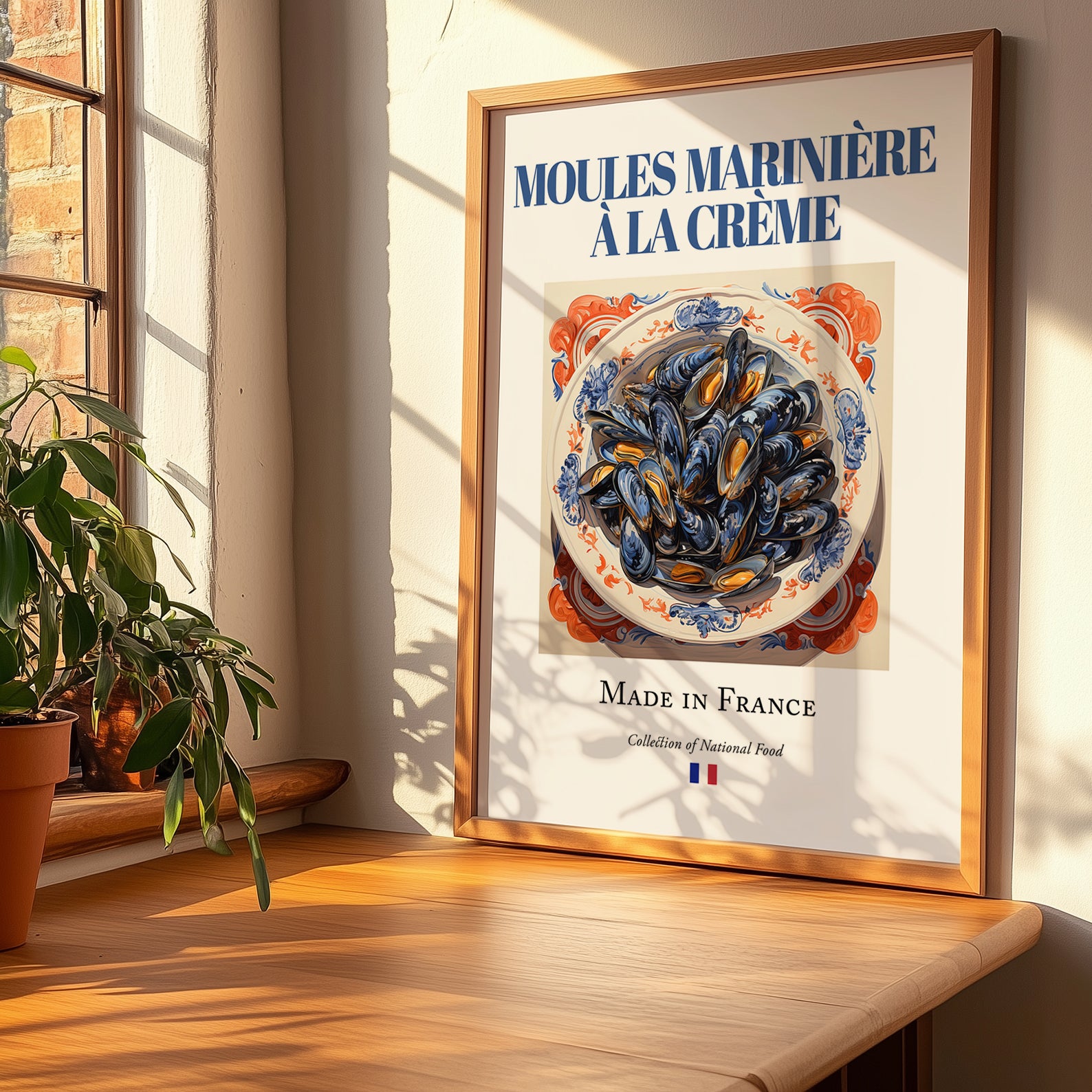 Moules marinière à la crème – French Dish, Café Art, no-text version framed in wood