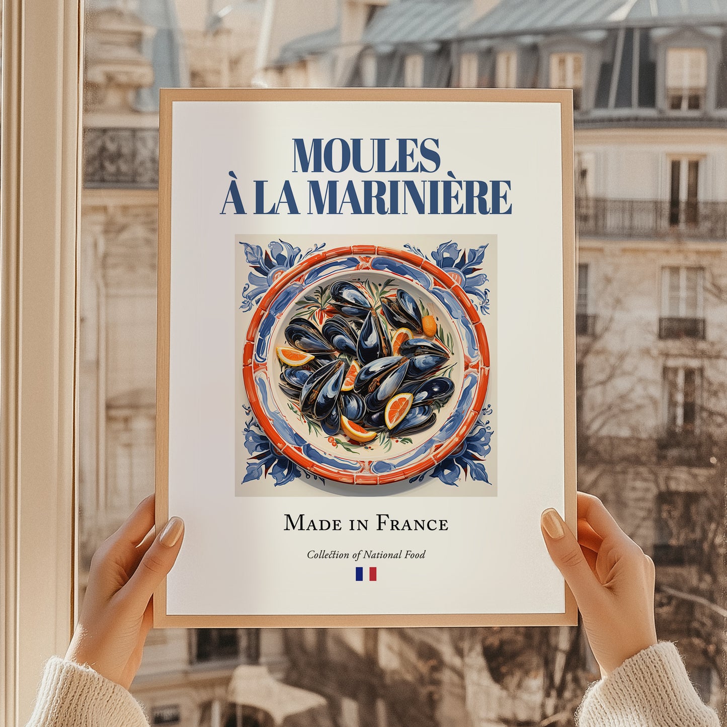 Moules à la marinière – French Dish, Restaurant Still Life, styled in a charming Paris street view