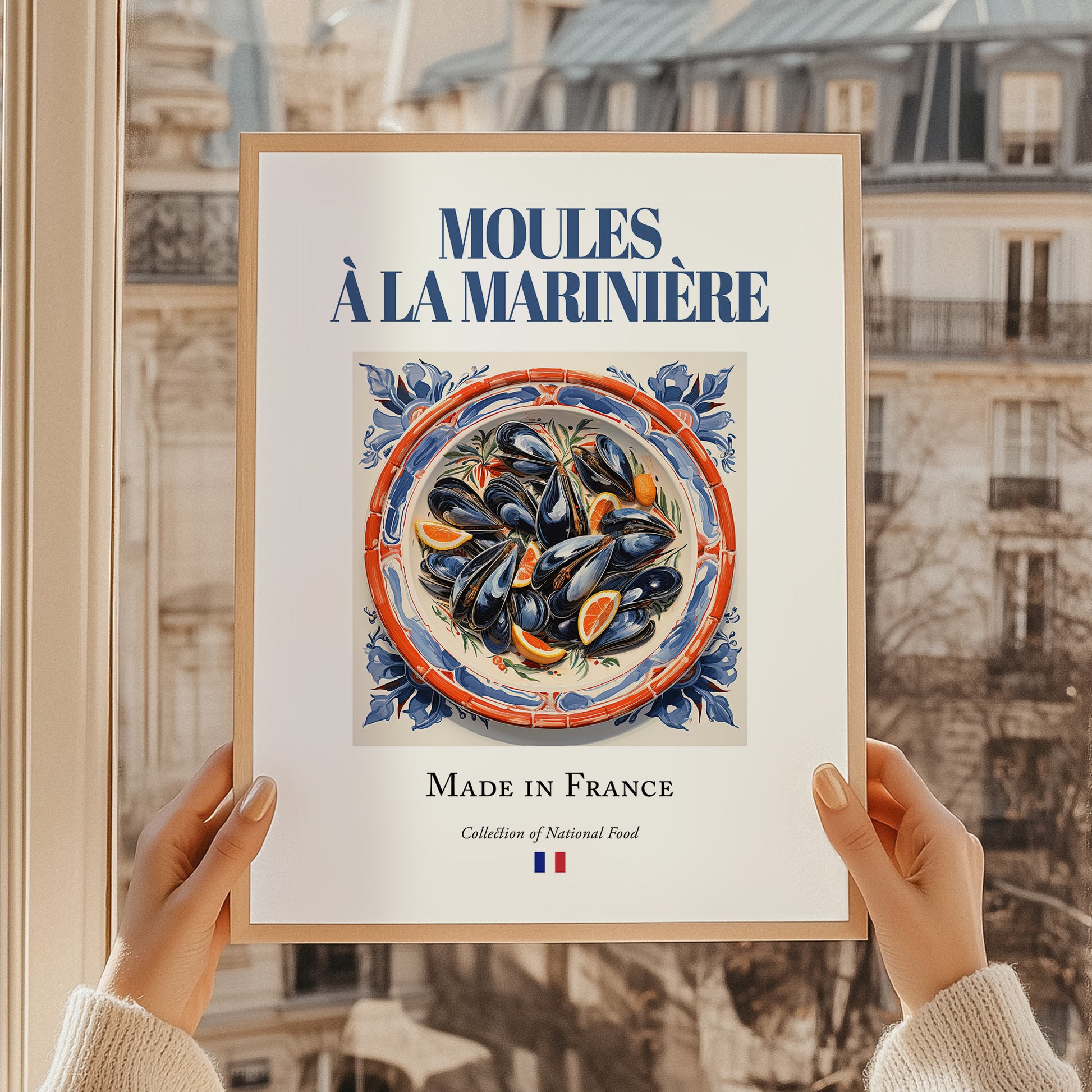 Moules à la marinière – French Dish, Restaurant Still Life, styled in a charming Paris street view
