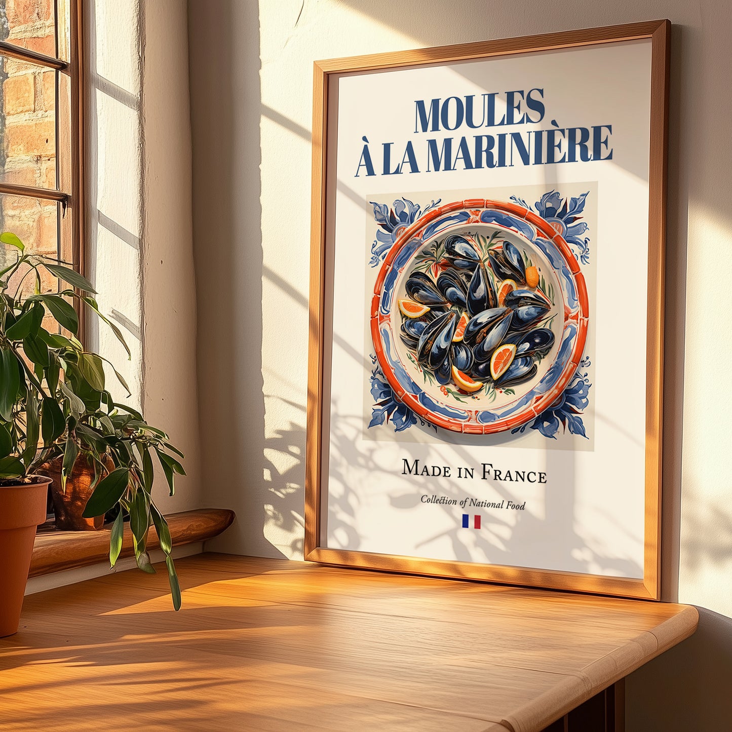 Moules à la marinière – French Dish, Restaurant Still Life, no-text version framed in wood