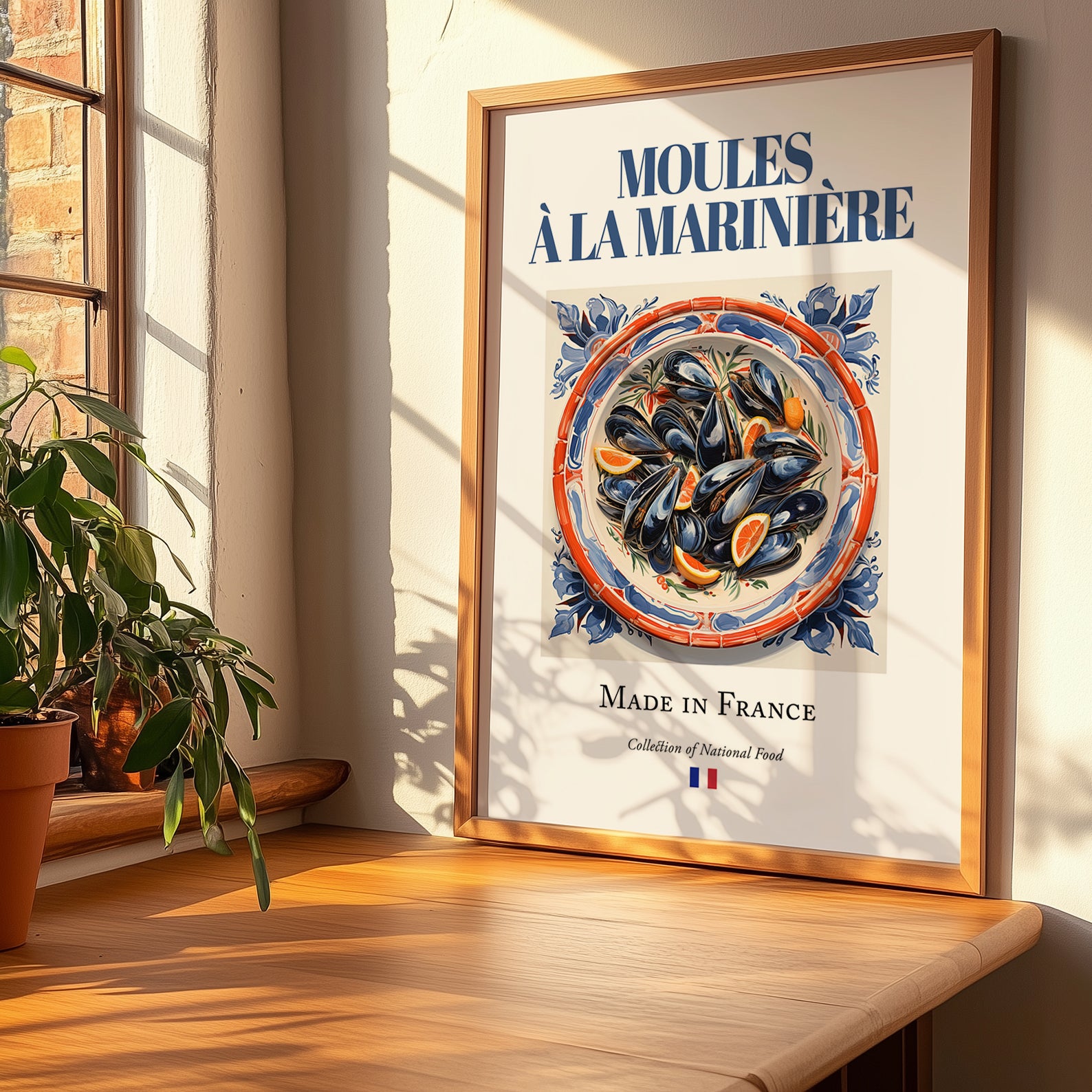 Moules à la marinière – French Dish, Restaurant Still Life, no-text version framed in wood