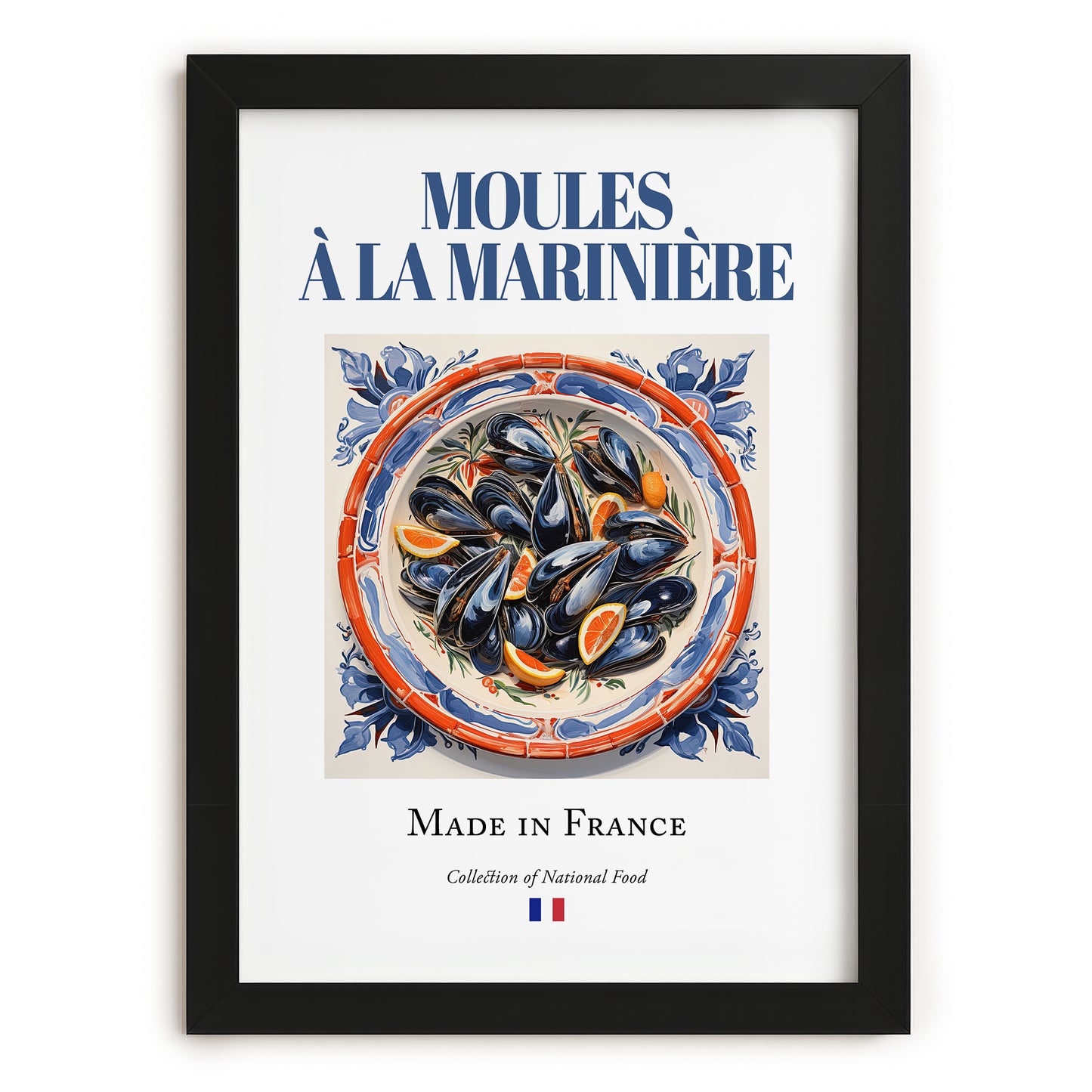 Moules à la marinière – French Dish, Restaurant Still Life, in sleek black frame