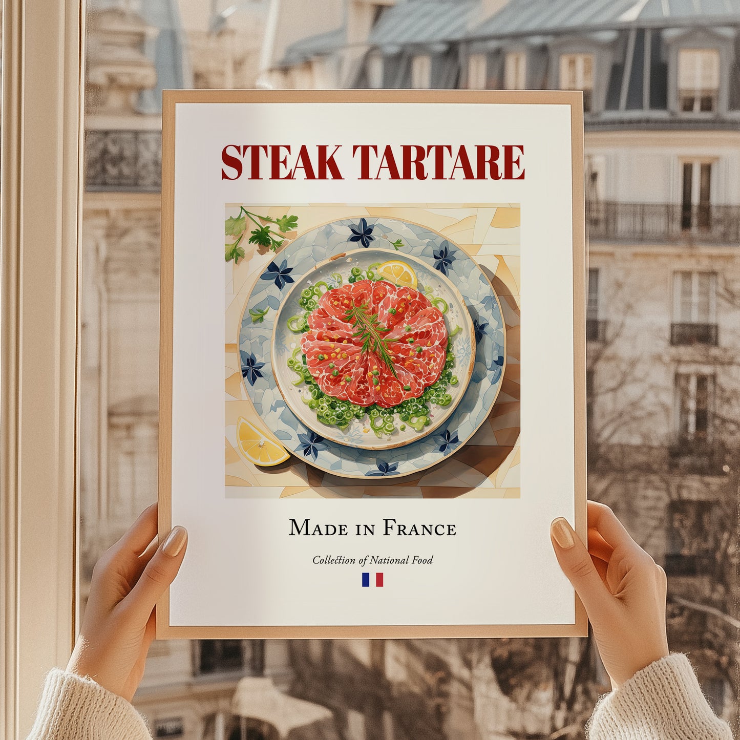 Steak tartare – French Dish, Bistro Still Life, styled in a charming Paris street view