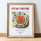 Steak tartare – French Dish, Bistro Still Life, in wooden frame leaning on the floor