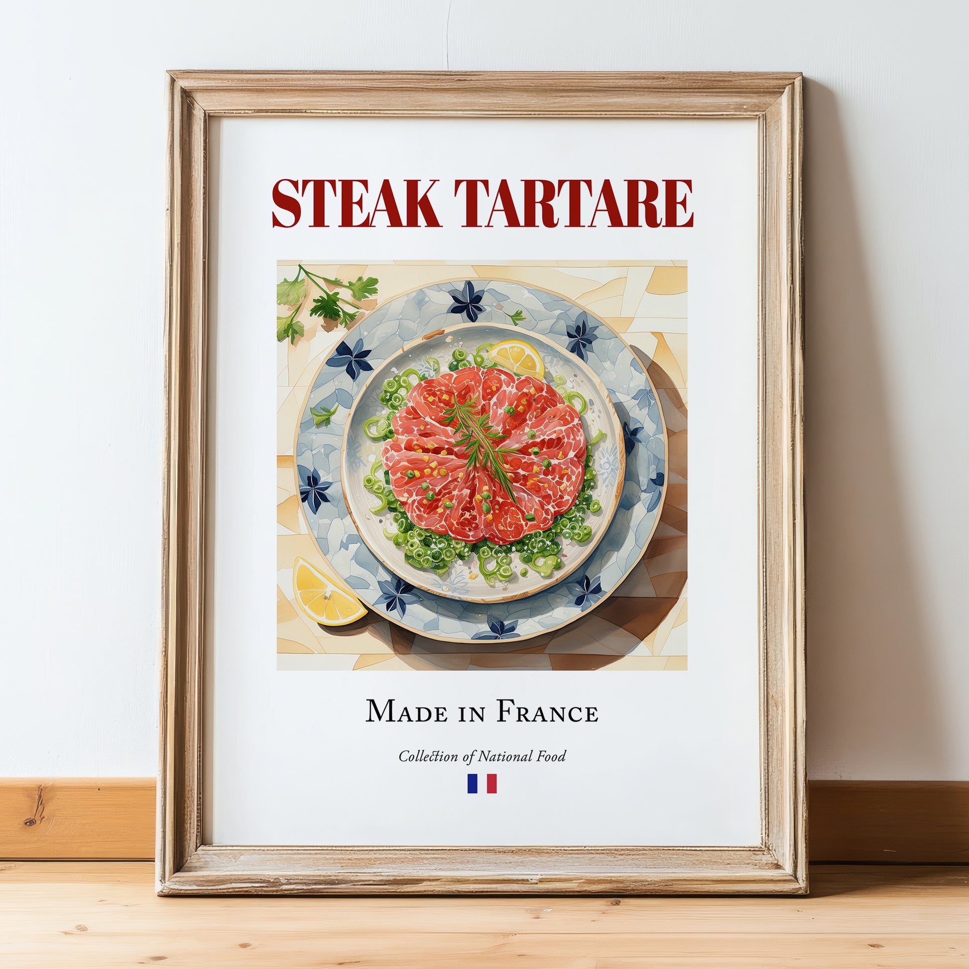 Steak tartare – French Dish, Bistro Still Life, in wooden frame leaning on the floor