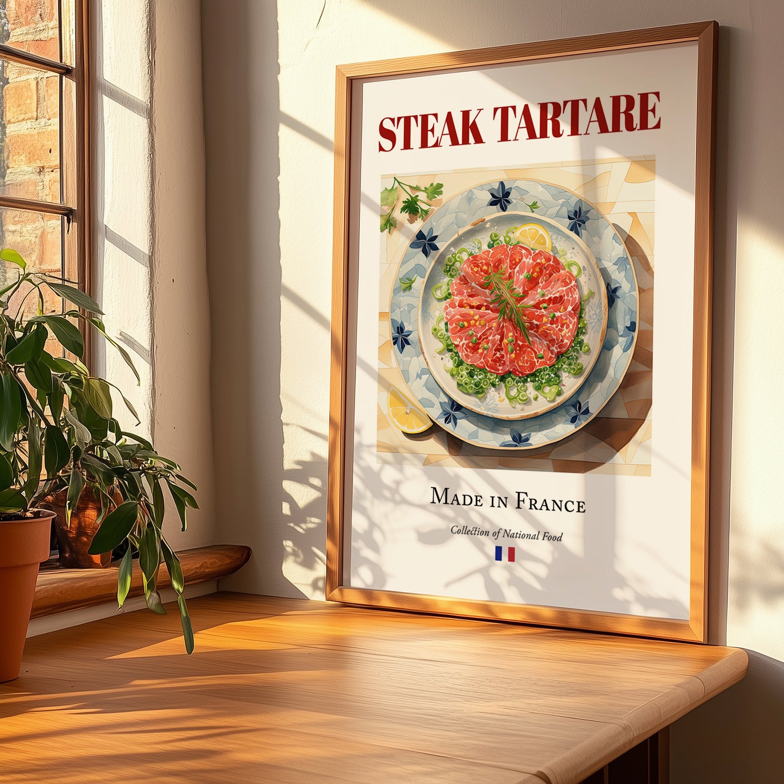 Steak tartare – French Dish, Bistro Still Life, no-text version framed in wood